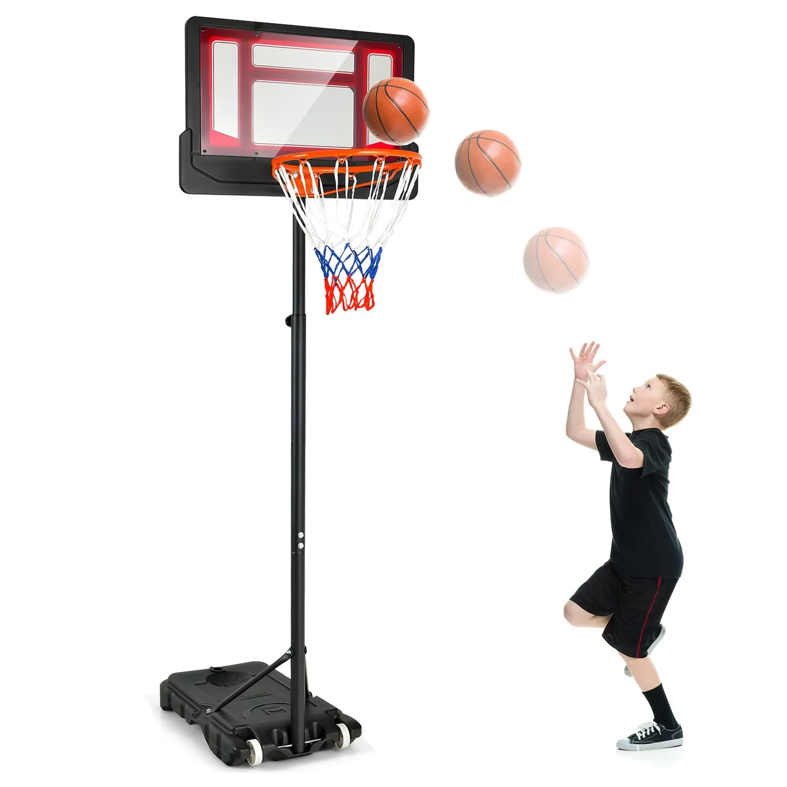 COSTWAY Canestro Basket da Interno ed Esterno Portatile e Regolabile in Altezza 90-210cm, Canestro da Basket per Bambini con Ruote, Incavo per Pallone e Tabellone Infrangibile (Rosso)