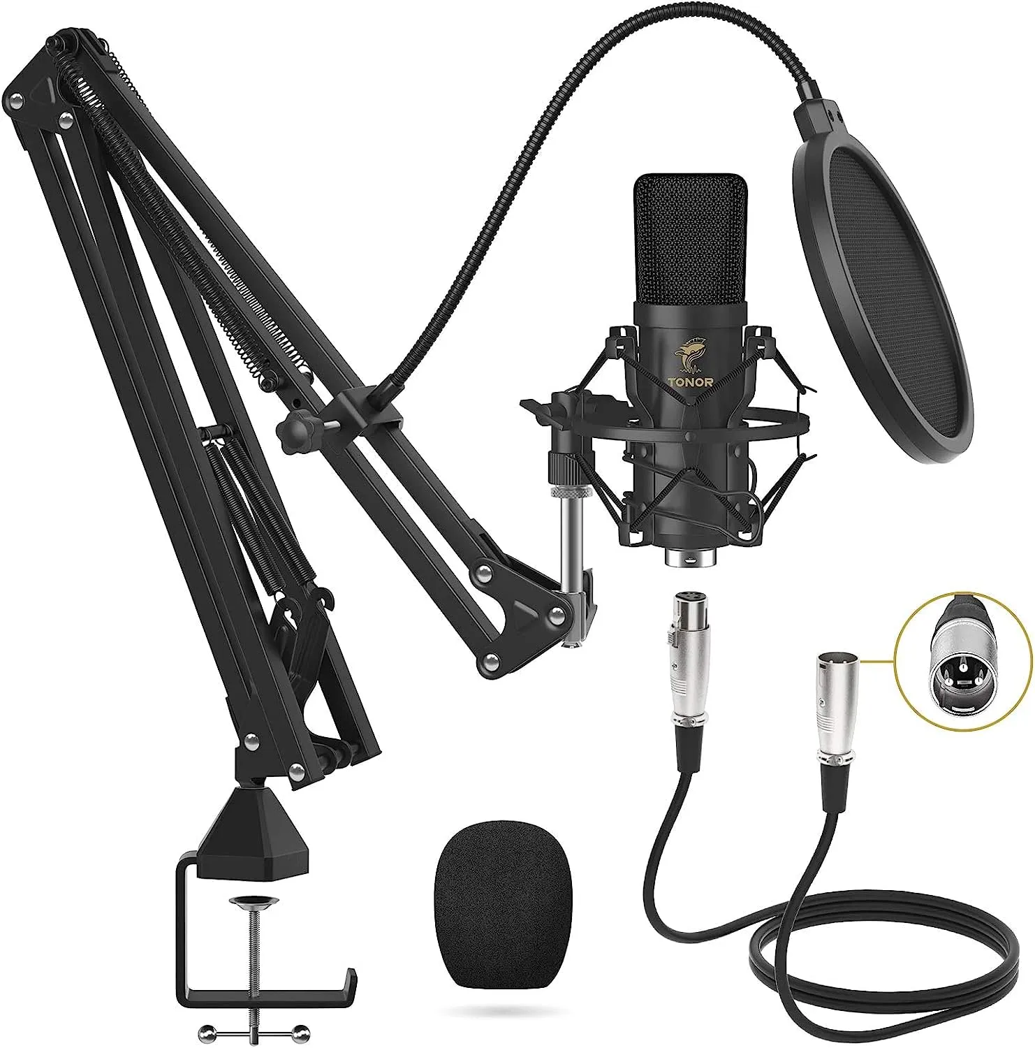 TONOR Microfono a Condensatore, Microfono Professionale Cardioid XLR con Braccio T20, Supporto Antiurto, Filtro Pop per Registrazione, Podcasting, Voice Over, Streaming, Home Studio, YouTube (TC20)