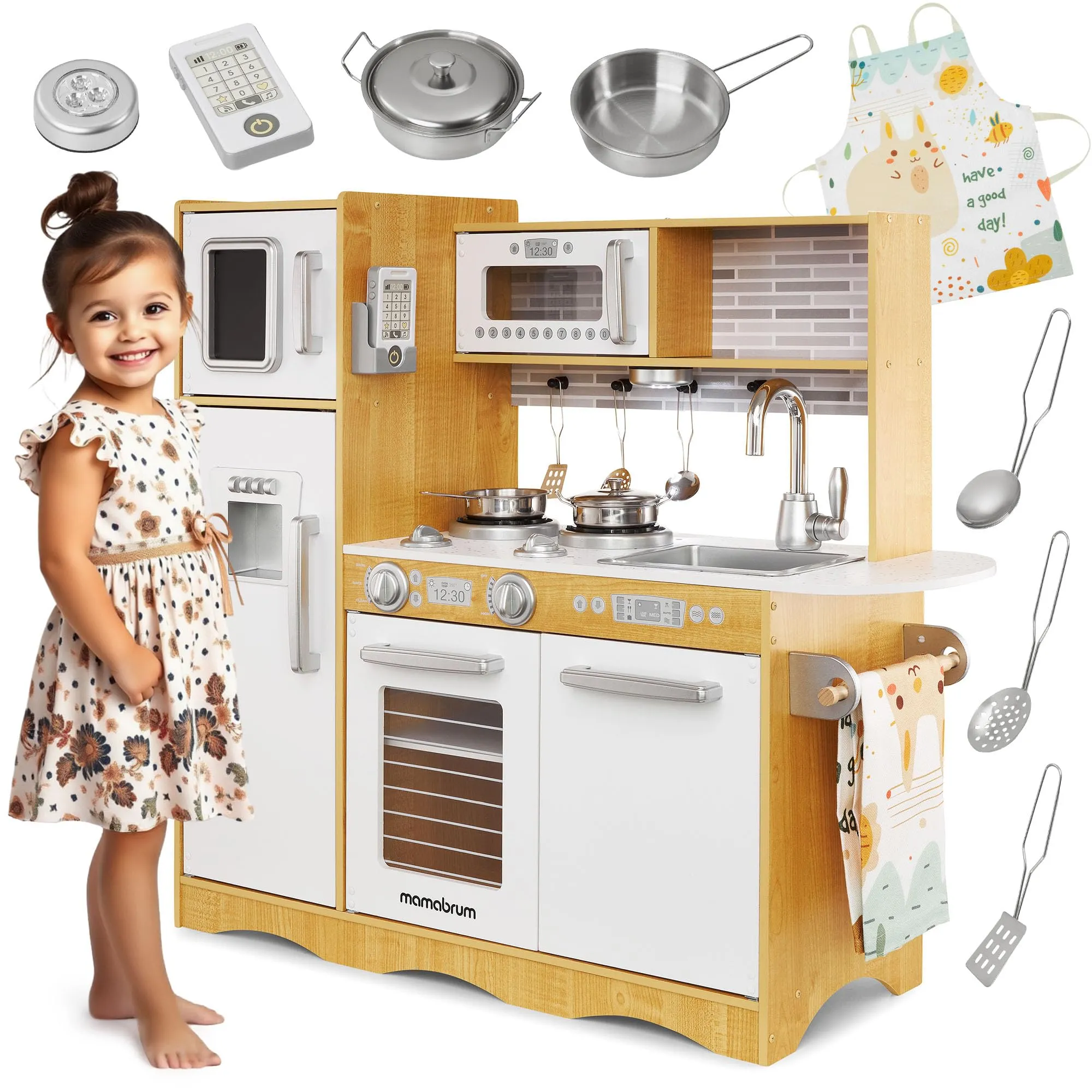 Mamabrum Cucina Giocattolo in Legno per Bambini con LED | Set Piccolo con Accessori per Gioco di Ruolo - Naturale/Grigio