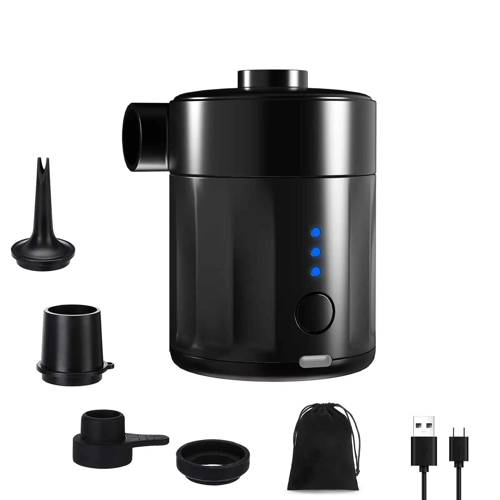 Mojimdo 2025 Versione Pompa Elettrica per Materasso Gonfiatore Ricaricabile Pompa Sottovuoto Portatile 2 in 1, Tiny Pump con 4 Ugelli D'aria e Borsa Conservazione per Campeggio,ad Aria, Piscina