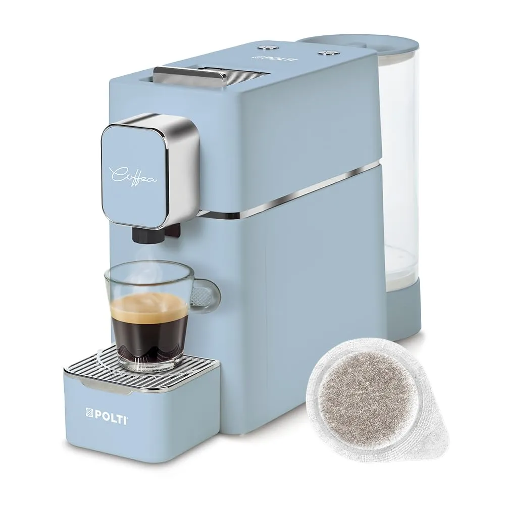 Polti Coffea S15LB, Macchina per Caffè Espresso, Compatibile con Cialde E.S.E. 44 mm, Serbatoio 0,85L, Pressione Pompa 19 bar, Colore Azzurro
