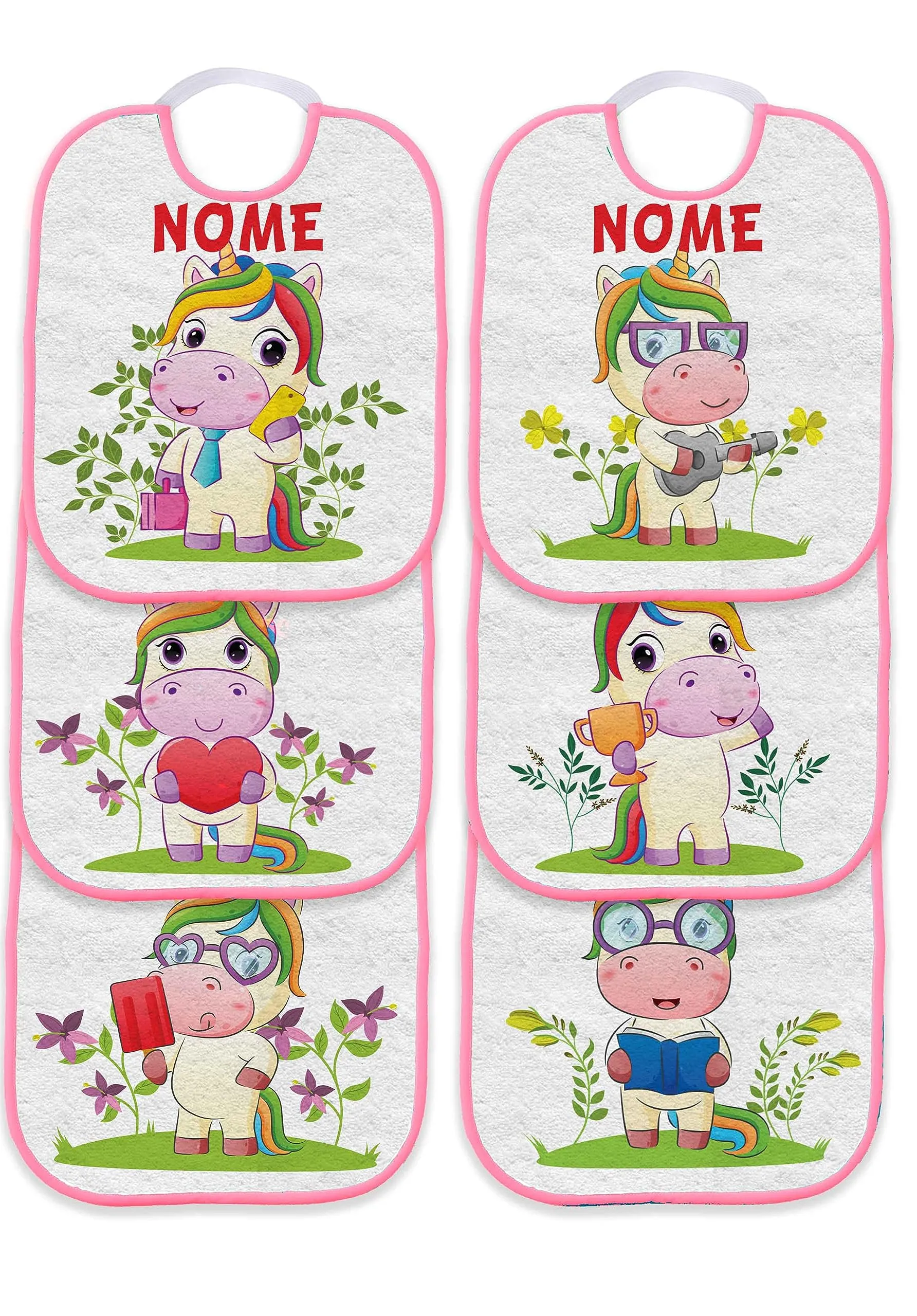 Set Asilo DA 6 Bavetta Bavaglino con elastico personalizzato con nome del bambino (Set da 6 bavette Unicorni Bordo Rosa)