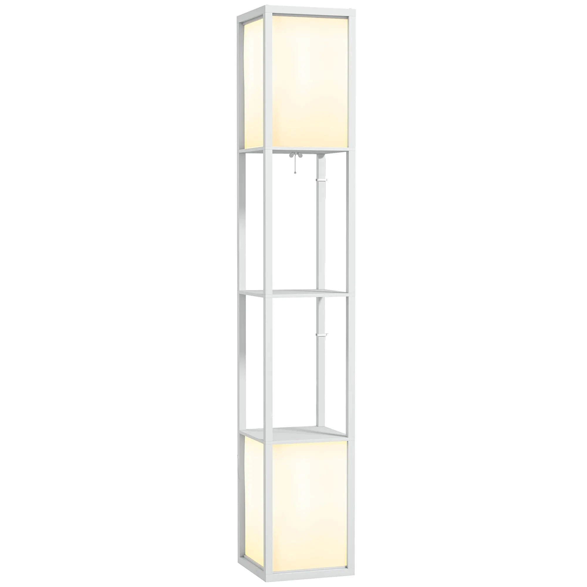 HOMCOM Lampada da Terra Moderna con 2 Paralumi e 2 Ripiani, Lampada a Piantana con Interruttore a Pedale per Lampadine E27 LED, per Soggiorno, Camera da Letto e Ufficio, 26x26x156 cm, Bianco