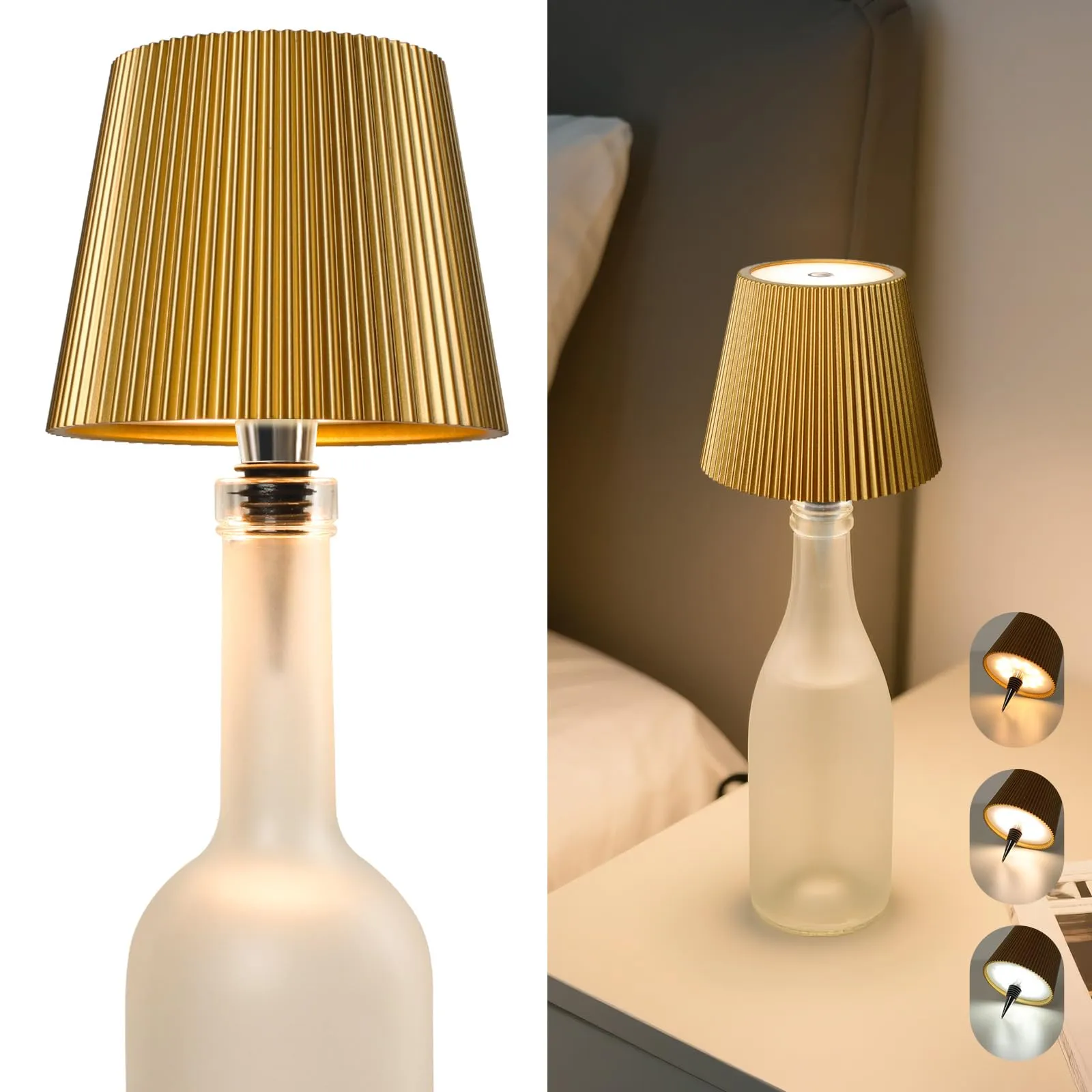 Beaeet Lampada per Bottiglia LED Oro Senza Fili, Touch Dimmerabile 3 Colori, Ricaricabile USB-C, Decorativa per Casa Terrazzo Campeggio Feste Regalo
