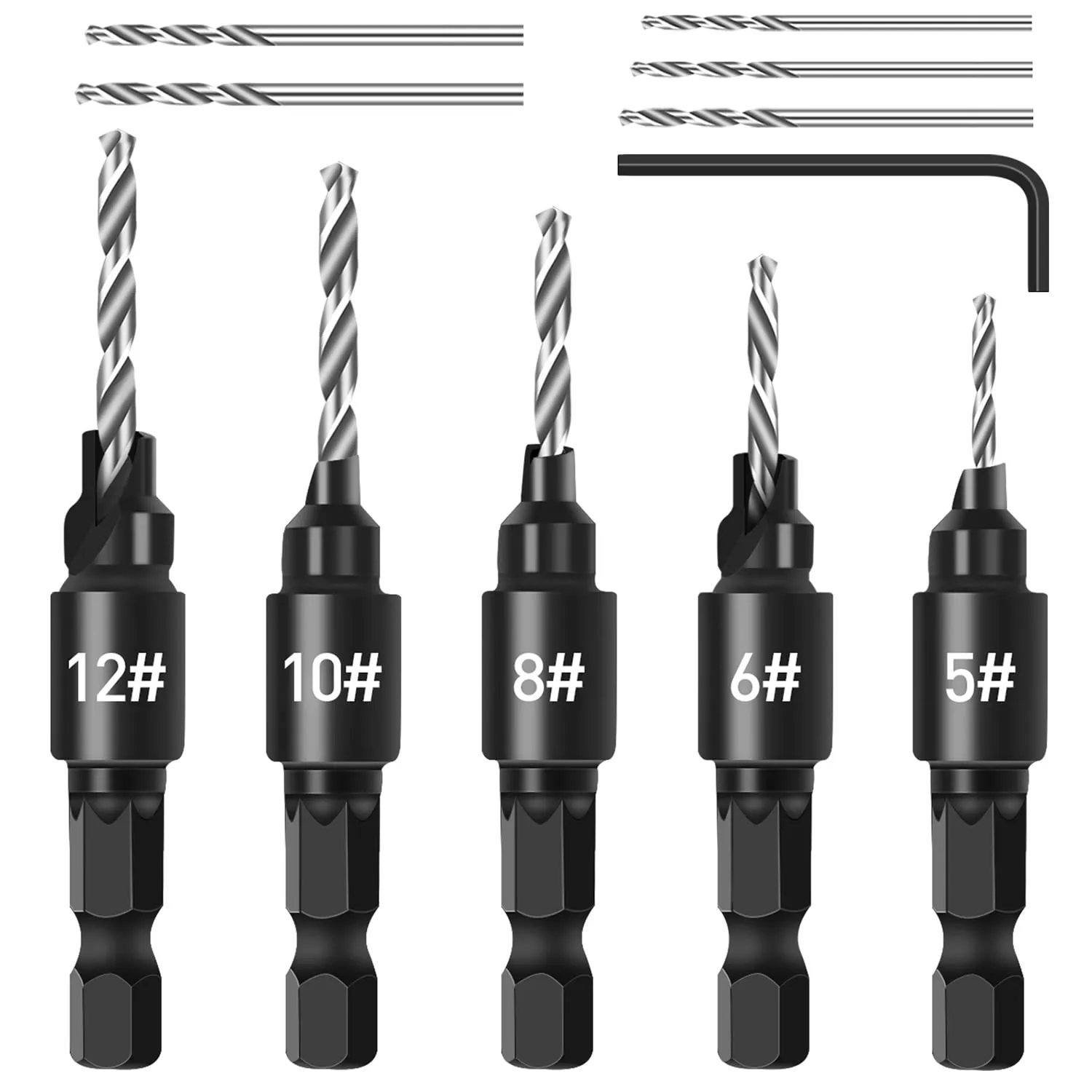 Set di Punte da Trapano per Svasare, Set di 5 Punte Regolabile per Svasatura con Codolo Esagonale da 1/4" a Cambio Rapido, 5 Punte Facilmente Sostituibili con Chiave Esagonale