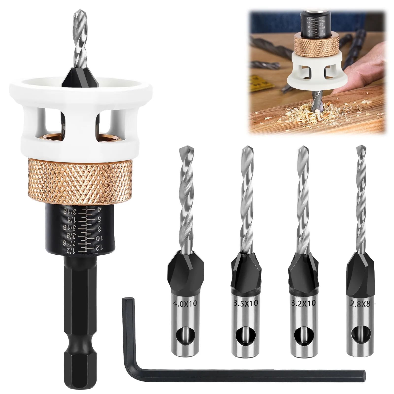 Punta da Trapano con Svasatore,Set di 6 Svasatore per Legno,Punte Regolabile per Svasatura,con Attacco Esagonale da 1/4", in HSS-M2,Fori di Precisione, per Lavorazione del Legno