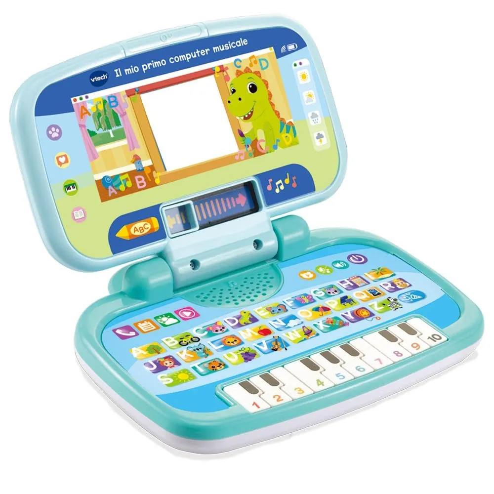 VTech Il Mio Primo Computer Musicale, Computer Interattivo Bambini, Computer con 4 Applicazioni/Giochi, Pratica Maniglia, Gioco Bambino con Tastiera ABC, Lingua Italiana, Batterie Incluse, 2-5 Anni