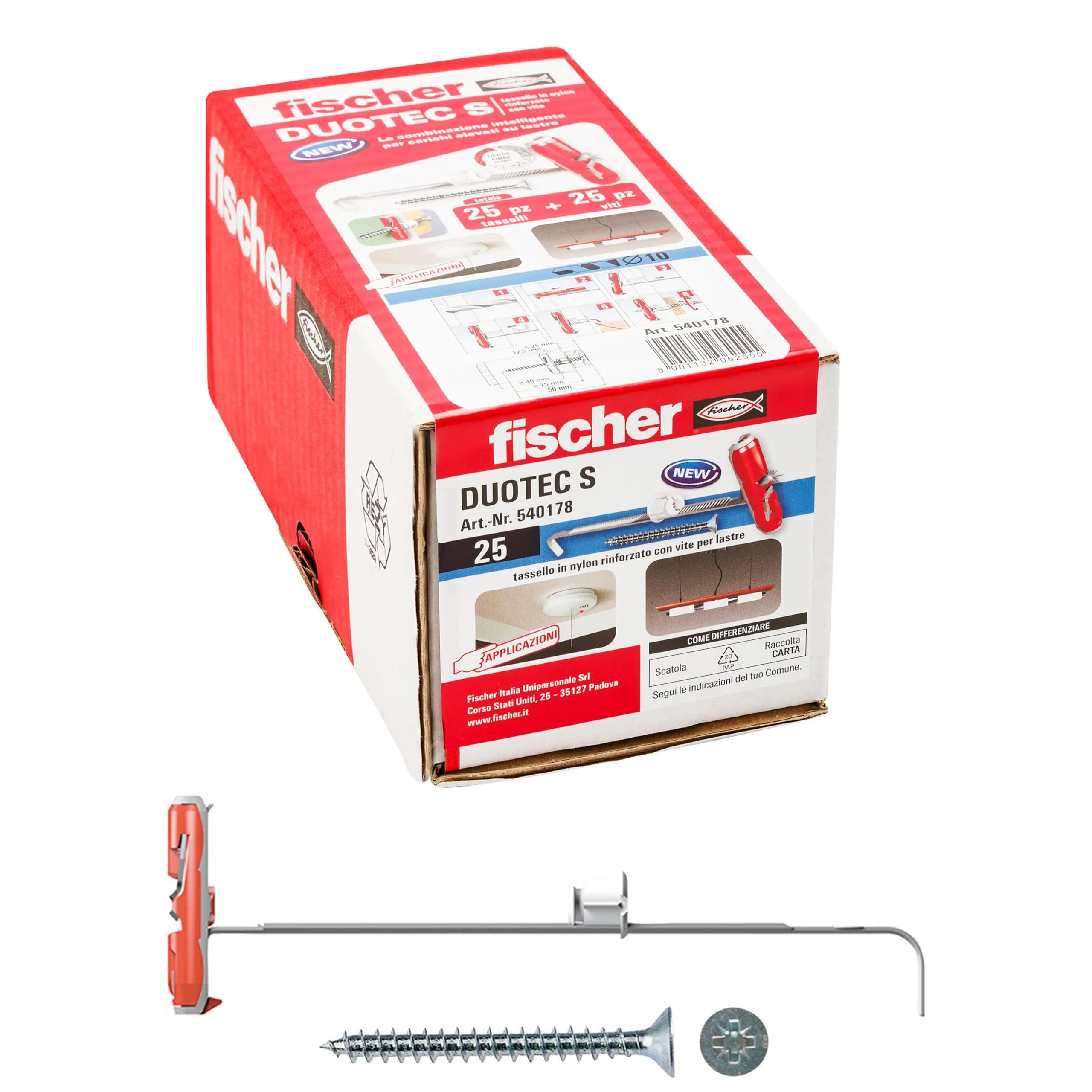 Fischer Duotec 10 S, Tasselli con Vite per Carichi Pesanti su Cartongesso e Pannelli, 25 Pz, 540178