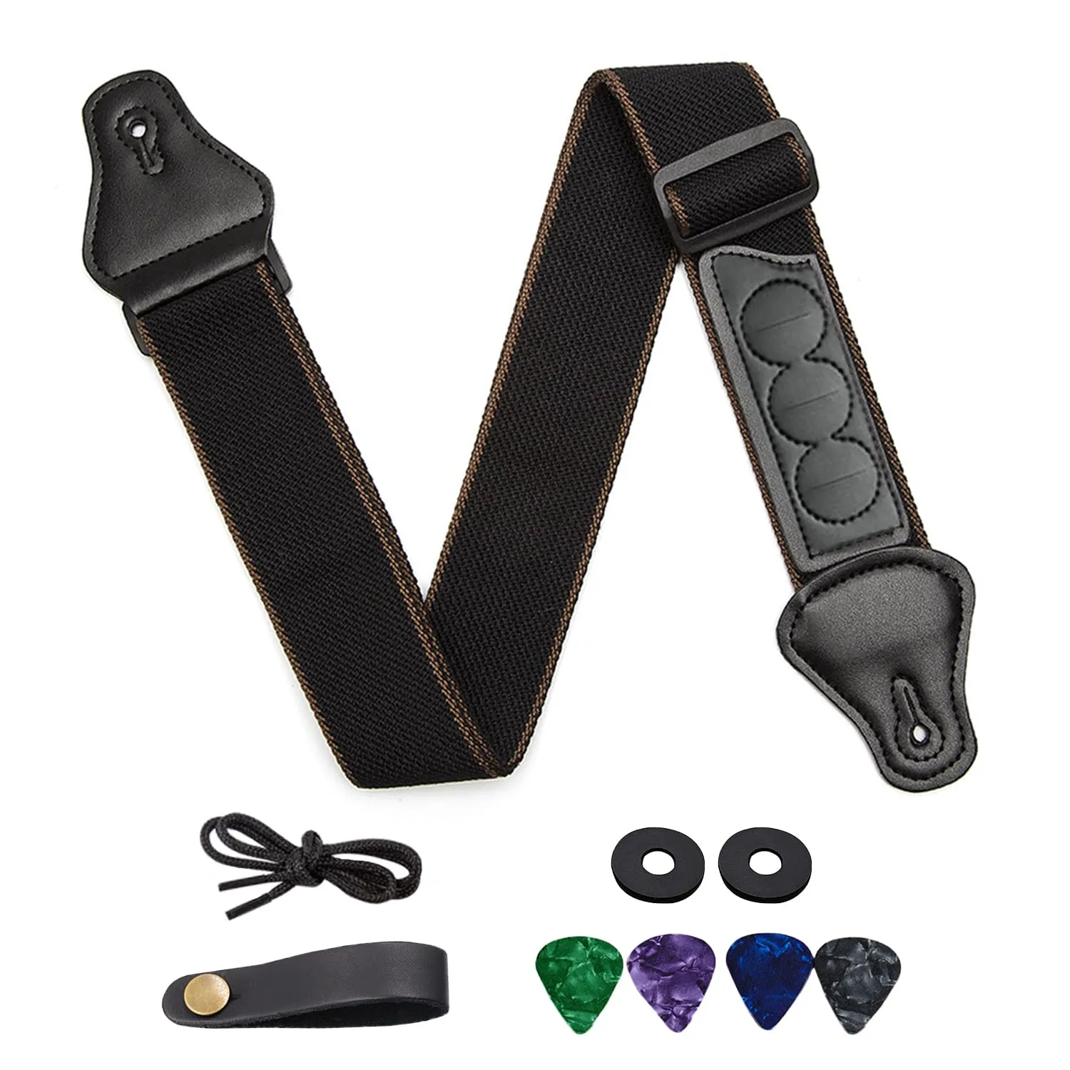 SYEYCW Nero Tracolla Per Chitarra, Regolabile Cotone Tracolla con 4 Plettri, 2 Chiusure per Cinturino in Gomma, Adattatore per Paletta con Fibbia, per Chitarra Acustico, Chitarra Elettrico, Basso