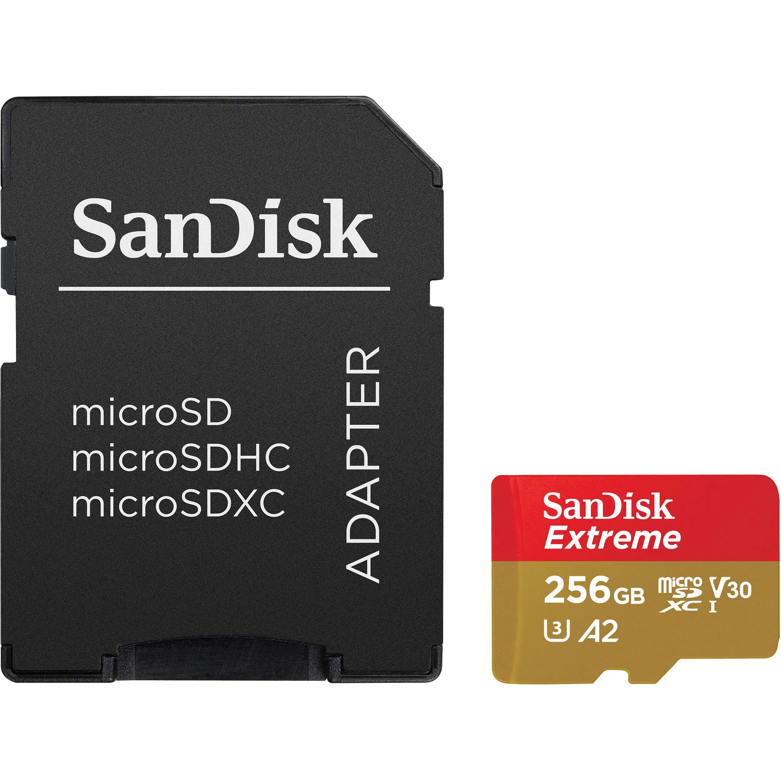SanDisk Extreme 256 GB microSDXC Memory Card + SD Adapter with A2 App Performance + Rescue Pro Deluxe, Up to 160 MB/s, Class 10, UHS-I, U3, V30, Red/Gold