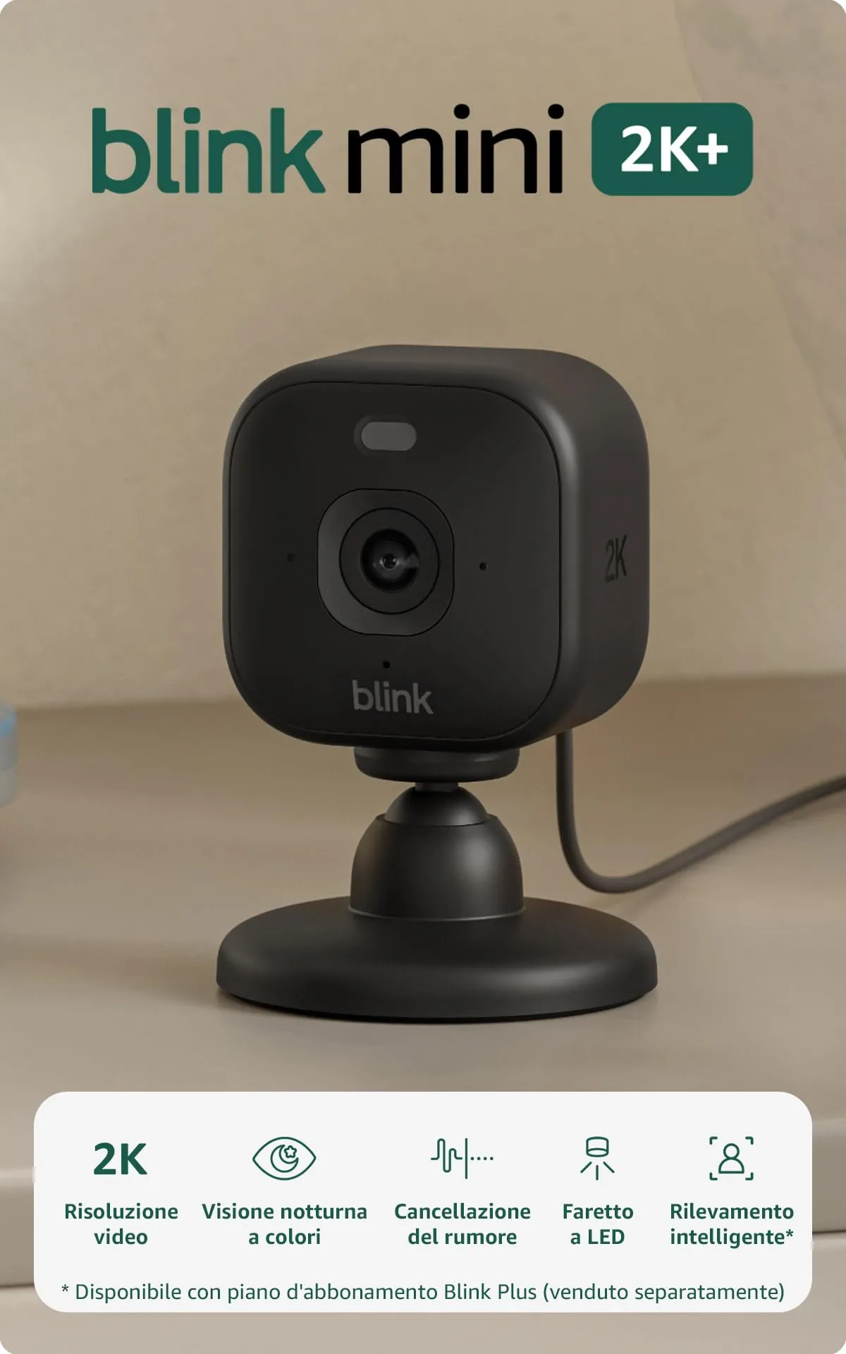 Videocamera Mini 2K+ Blink (ultimo modello) | Videocamera di sicurezza domestica con alimentatore plug-in, risoluzione video 2K, zoom 4x, visione notturna a colori | 1 videocamera – Nera