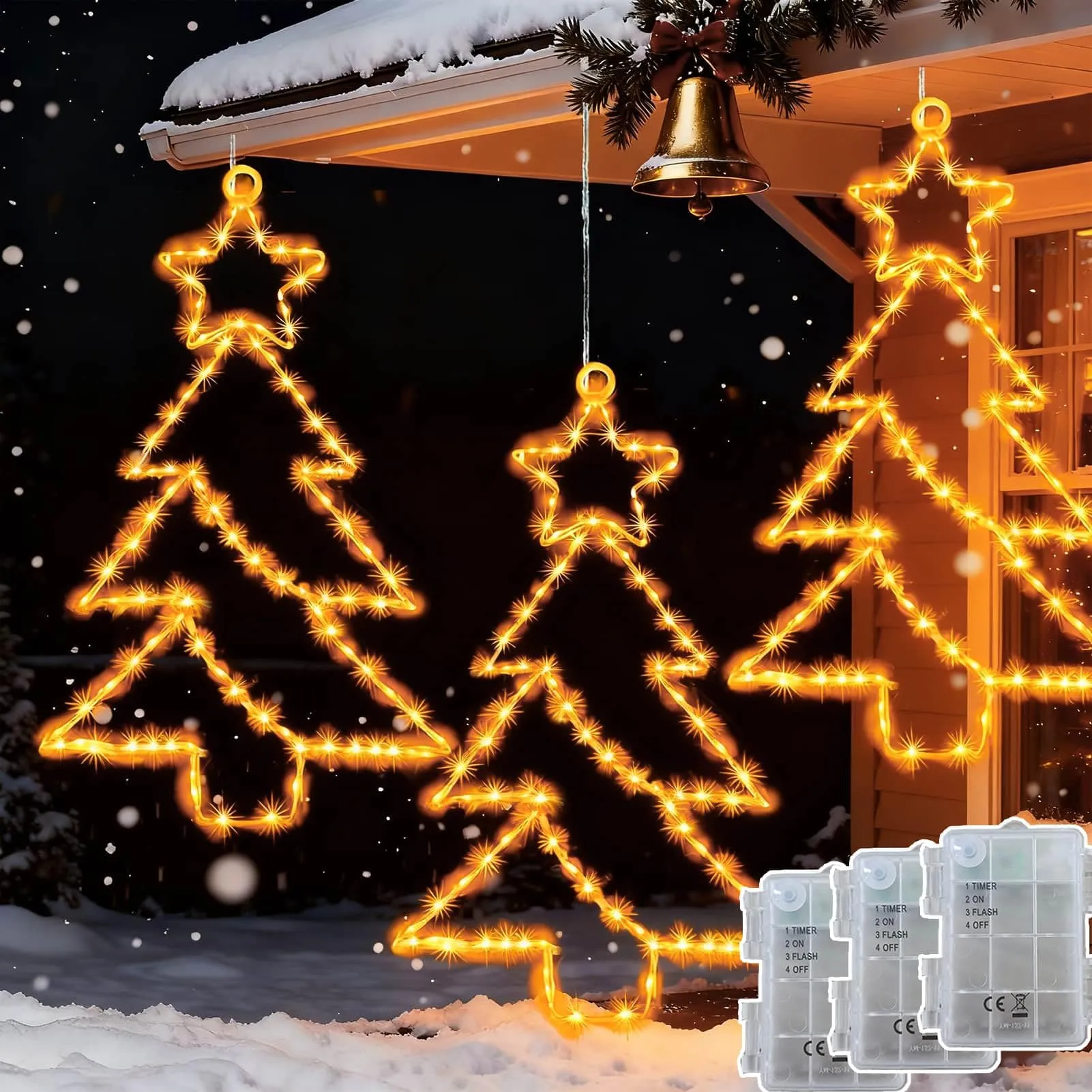 Joycome Decorazioni Natalizie per Esterno 3 Pezzi 55 LED Luci per Finestre Natale, Luci Natalizie da Esterno con Timer, Sospese per Albero di Natale per Finestre, Esterni da Interni