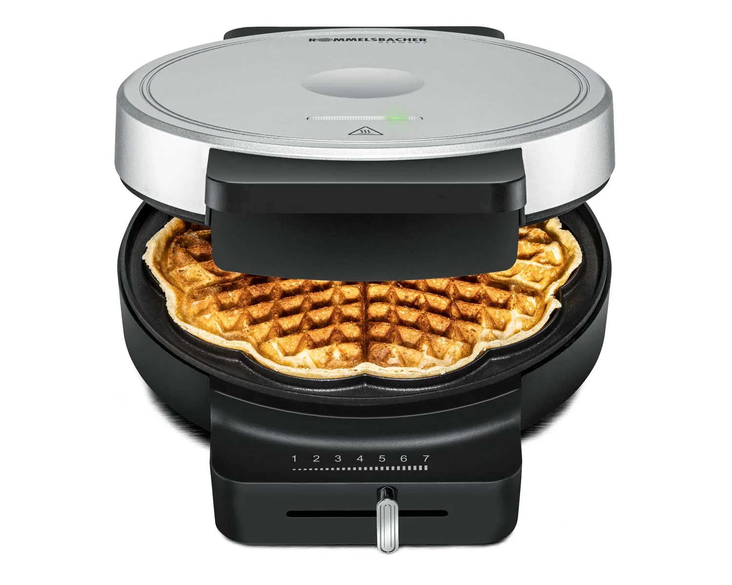 ROMMELSBACHER Waffel Automat WA 850, per 1 cialda, diametro 17,5 cm, rivestimento antiaderente, semaforo regolabile, 850 Watt, nero/argento
