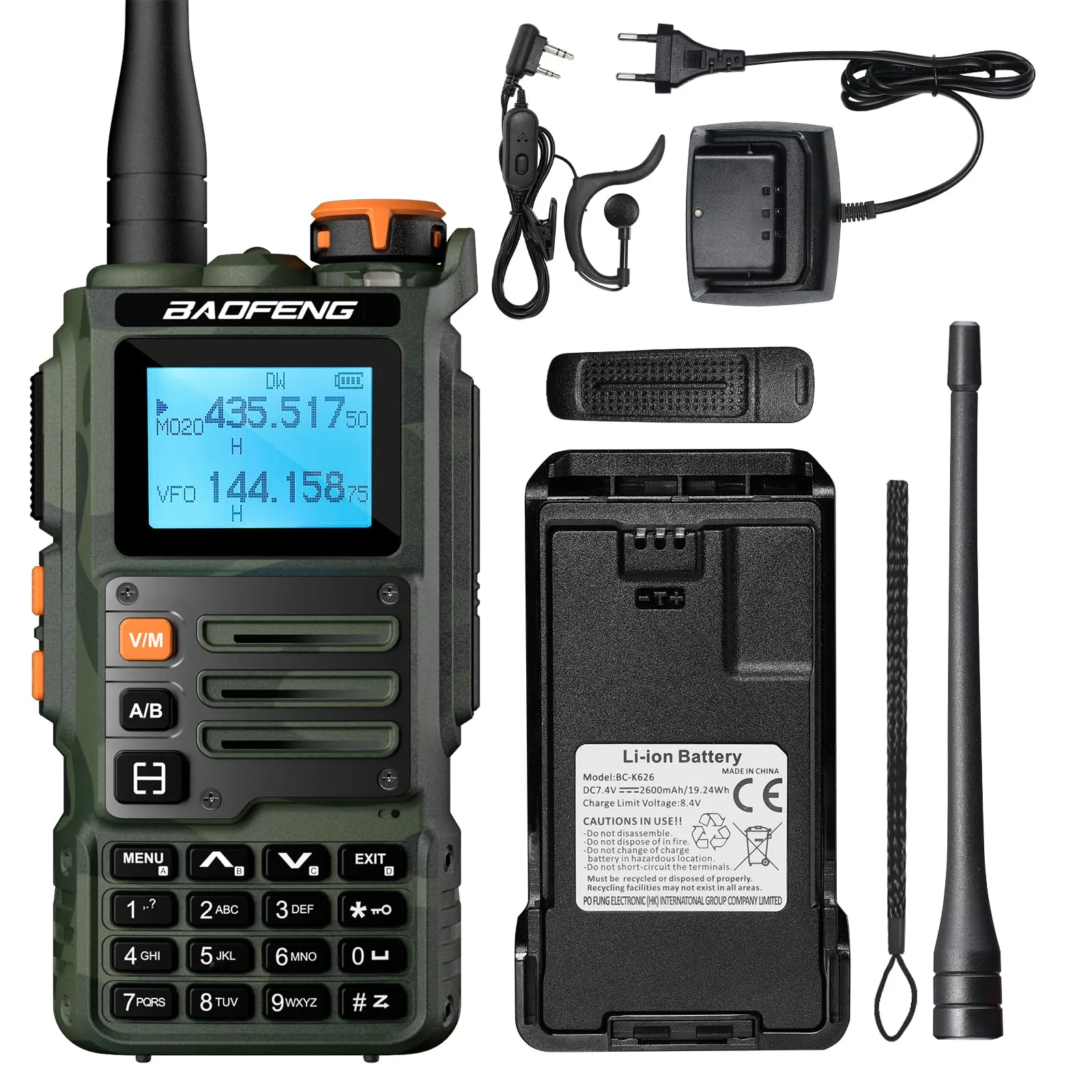 BAOFENG K63 6W Walkie Talkie, Tri-Band UHF/VHF/1.25M Radio portatile per amatori, AM FM, 2600 mAh batteria, 999CH, Copia frequenza wireless, Frequenza ripetitore inversa, Mimetica verde