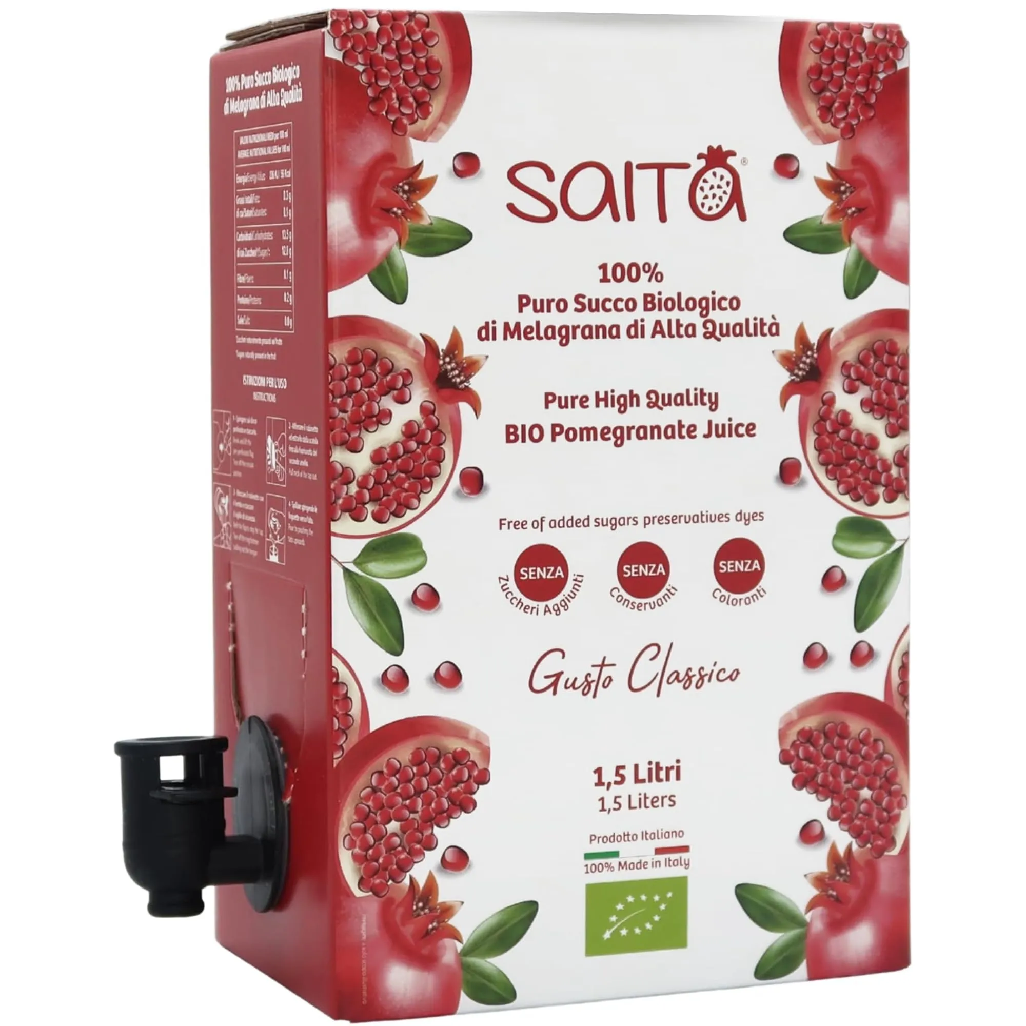 Saita Succo di Melograno 100% Puro Biologico, Succo di Frutta Senza Zuccheri Aggiunti, Vitamina C Naturale, Vegan Superfood Detox, Bag in Box 1,5 l, Classico, Made in Italy