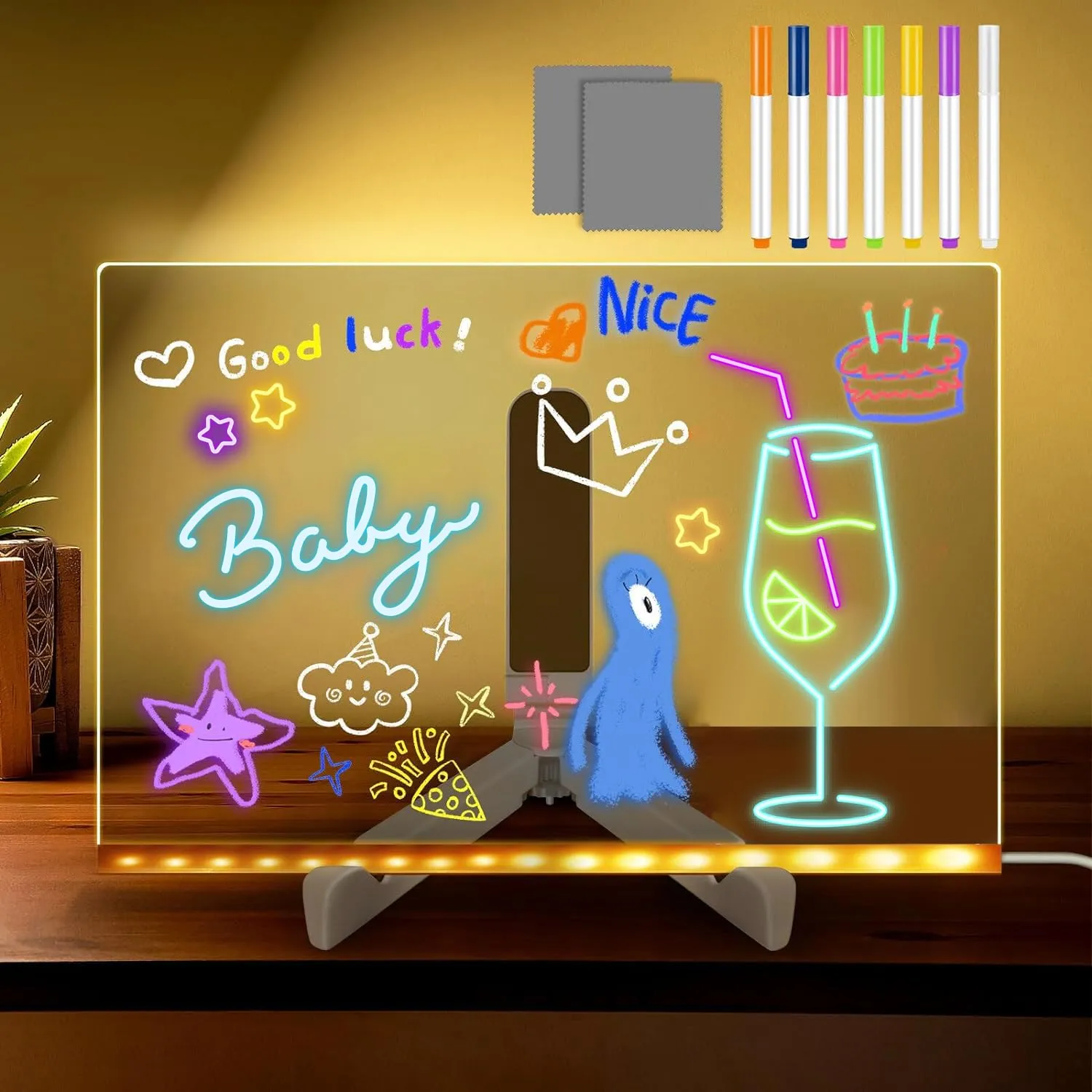 ACMHNC Lavagnetta in acrilico con luci LED, lavagna magica per bambini cancellabile, lavagnetta luminosa per disegnare, con 7 penne neon,regalo creativo per fidanzata, mamma,papà, bambini,30 x 20 cm