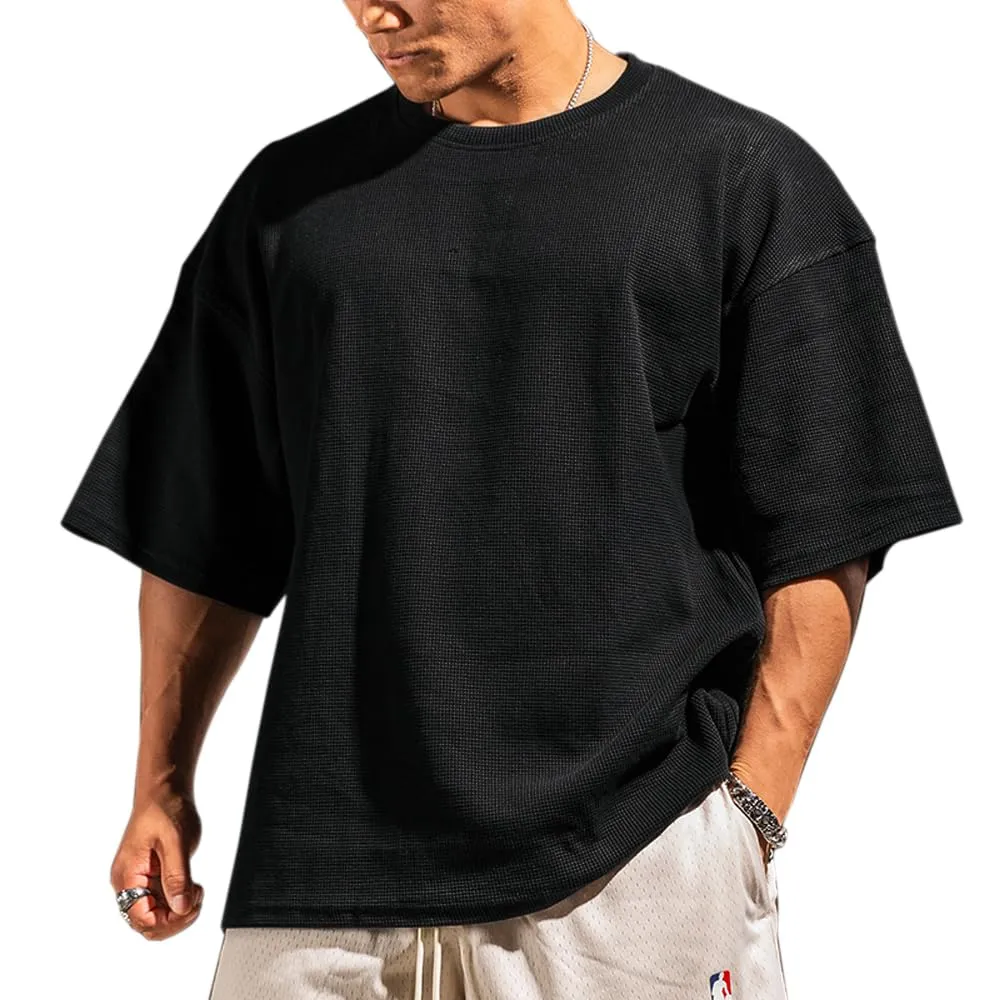 Muscle Alive Uomo Basic Magliette a Maniche Corte Cialda Felpa Perdere Peso Allenamento Maglione Maglia Girocollo Nero M