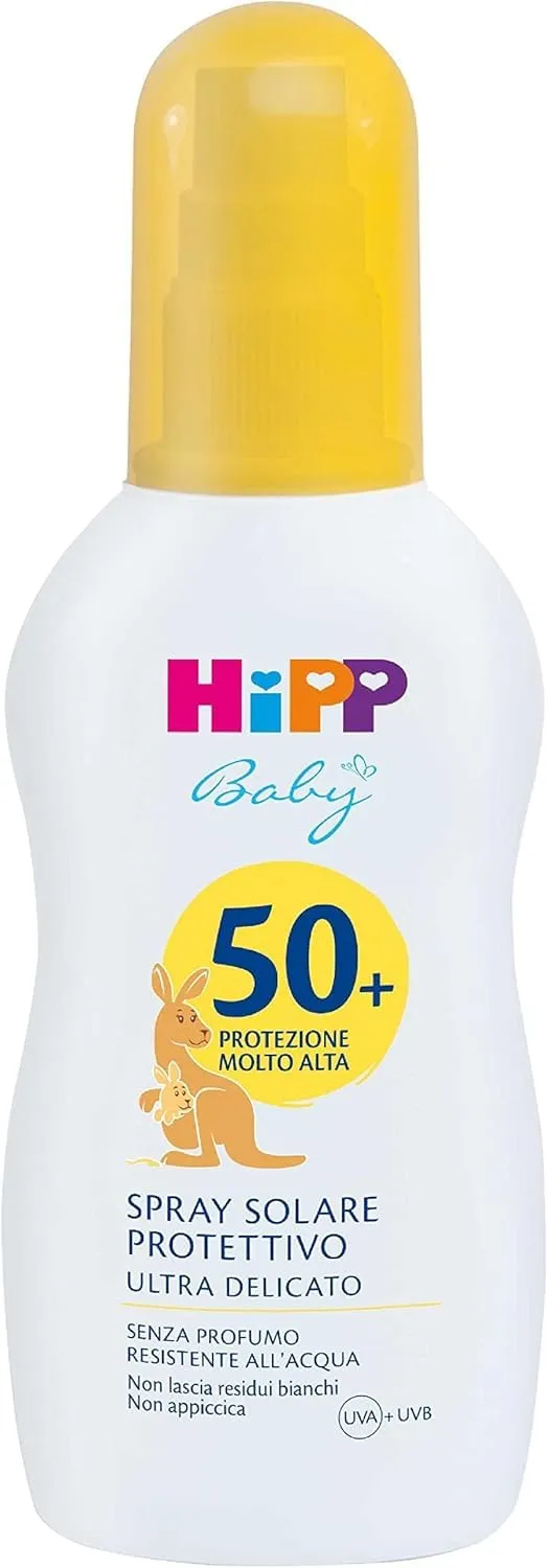 HiPP - Baby - Spray Solare Protettivo per Bambini, SPF 50+, Protezione dai Raggi UVA e UVB, Resistente all'Acqua, Anti Scottature, Ultra Delicato, 1 Spray da 150 ml