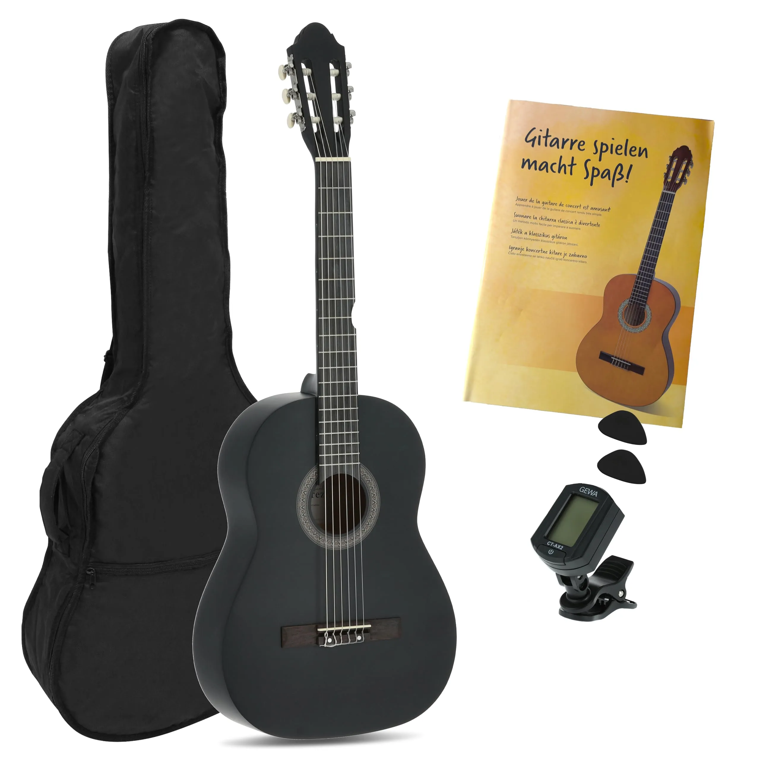 Juan Miguel Navarrez chitarra da concerto, chitarra classica, 4/4 nero, Starter Set (incl. borsa, plettri, libro con CD, accordatore)