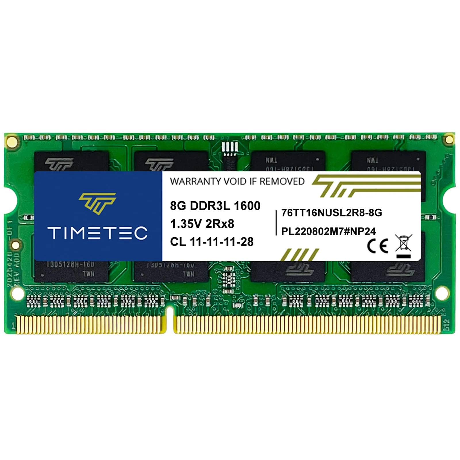 Timetec 8GB DDR3L / DDR3 1600 MHz (DDR3L-1600) PC3L-12800 / PC3-12800 (PC3L-12800S) Non-ECC Unbuffered 1,35 V / 1,5 V CL11 2Rx8 Dual Rank 204 Pin SODIMM Laptop Notebook PC Computer Memoria RAM Modulo