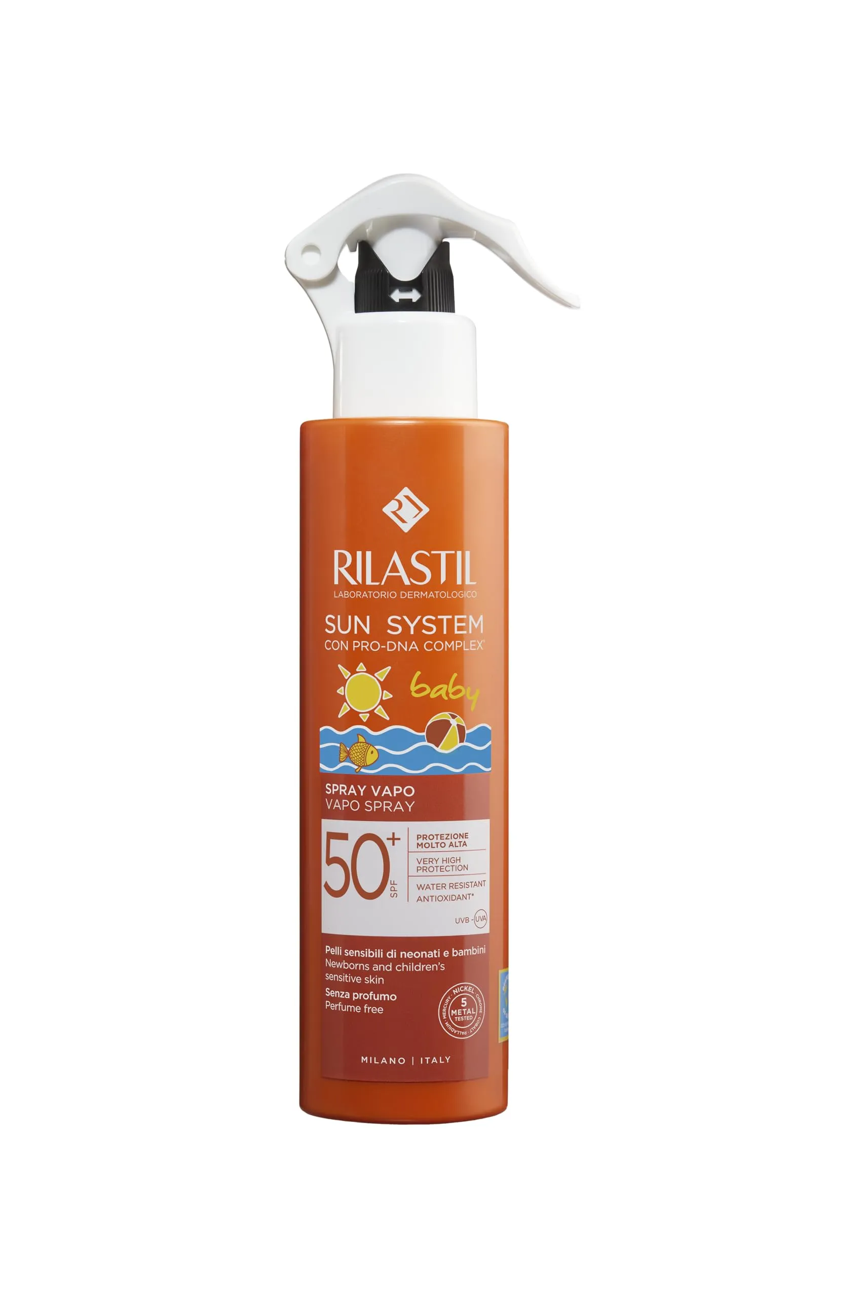 Rilastil Sun System Spray Baby, Vapo, Emulsione Corpo, Texture Leggera, per Pelli Sensibili di Neonati e Bambini SPF 50+ Protezione Molto Alta, Confezione da 200ml