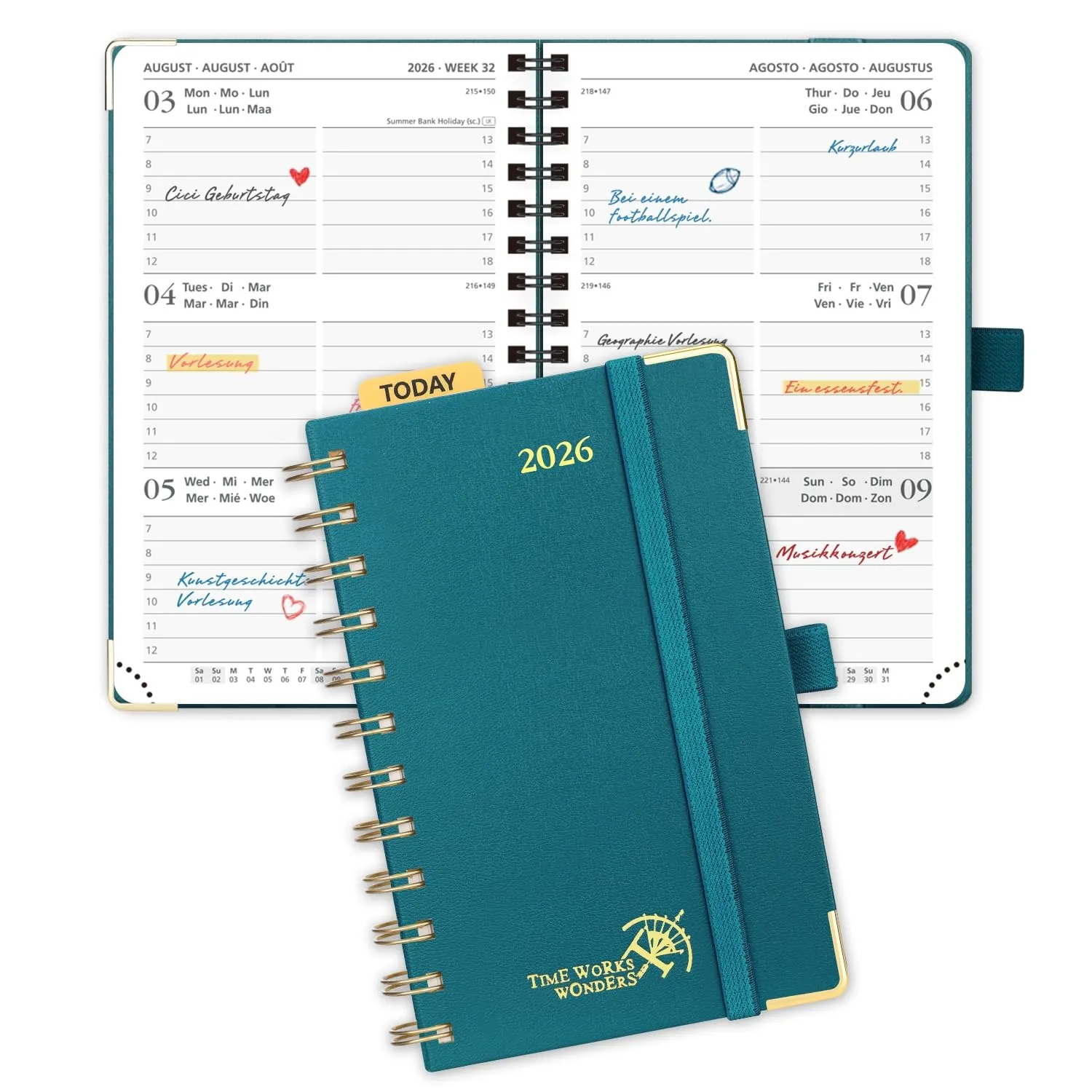POPRUN Agenda Settimanale 2026 Piccola Spirale 16 x 10,5 cm, Copertina Rigida, Agenda 2026 Tascabile con Angolo di Protezione in Oro, Carta Spessa da 100 GSM, Verde Pacifico