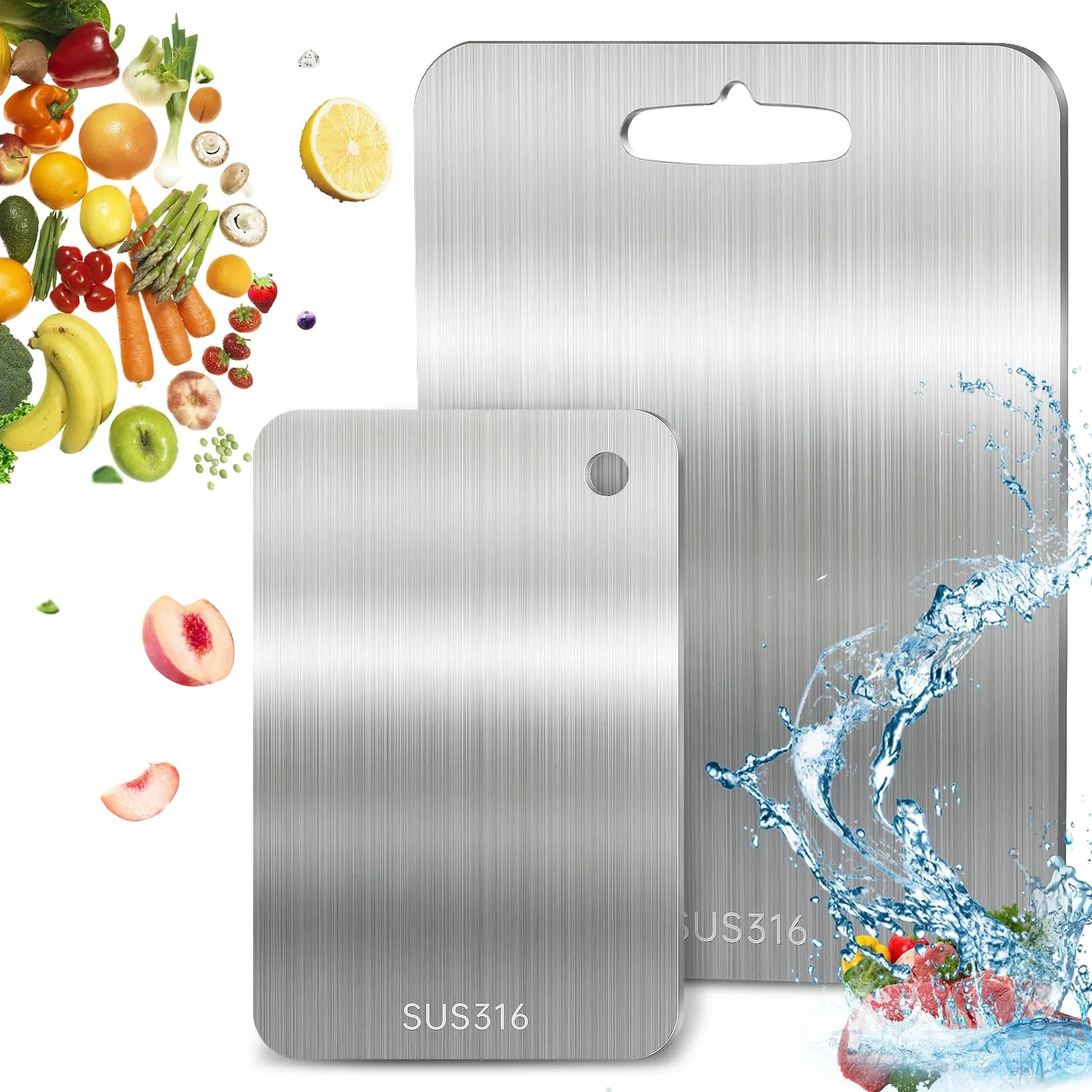 2 Pezzi Tagliere Acciaio Inox, 316 Tagliere In Acciaio Inossidabile, Taglieri Acciaio Inox, Doppio Lato per Alimenti per Carne, Frutta, Verdura (34 * 23cm+25 * 15cm)