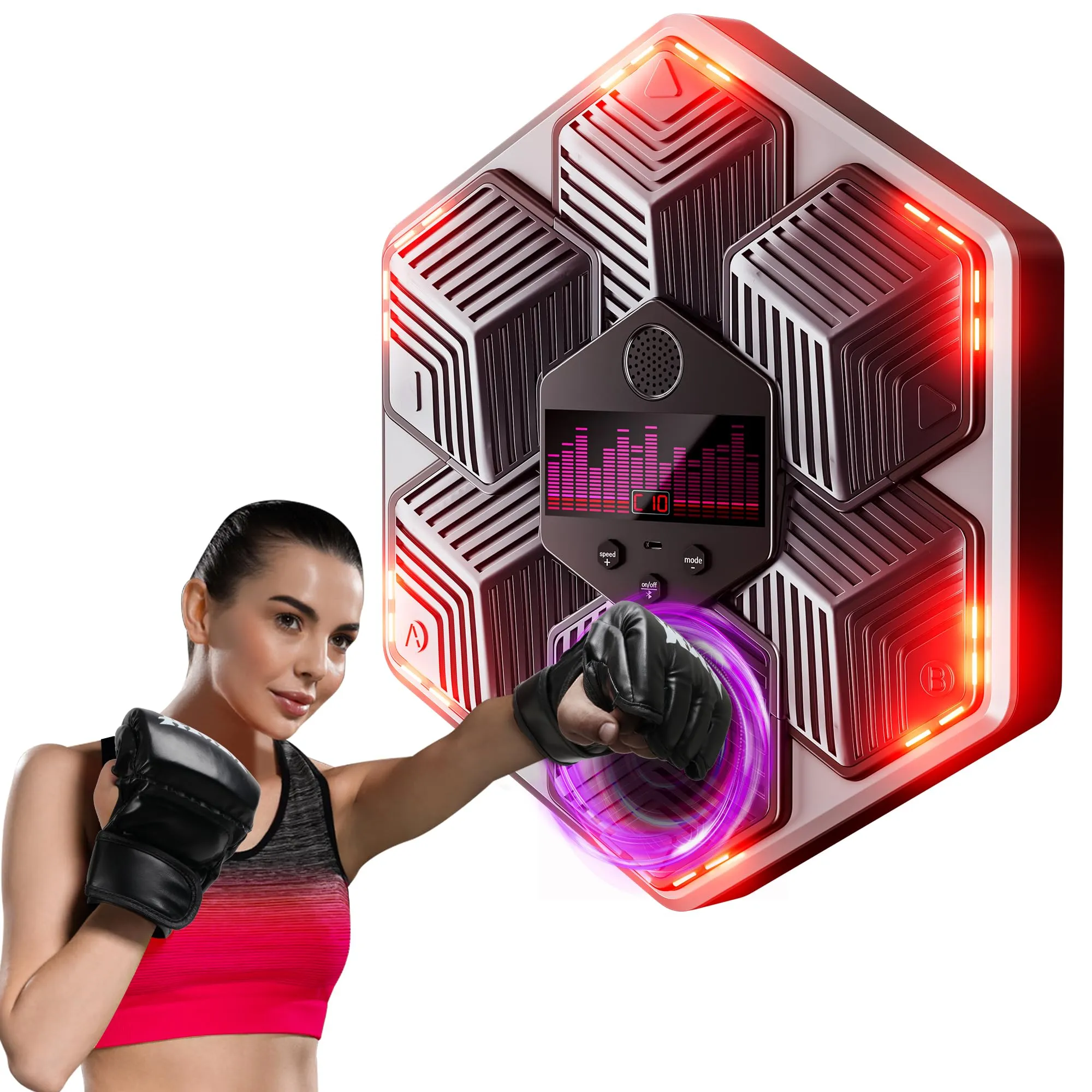yorraka Music Boxing Machine Adulti - 14 modalità di 16 velocità Macchina da Boxe Musicale Pugile con Guanti da Boxe - LED Parete Tira Pugni con Musica - Bluetooth Boxe Allenamento per Casa