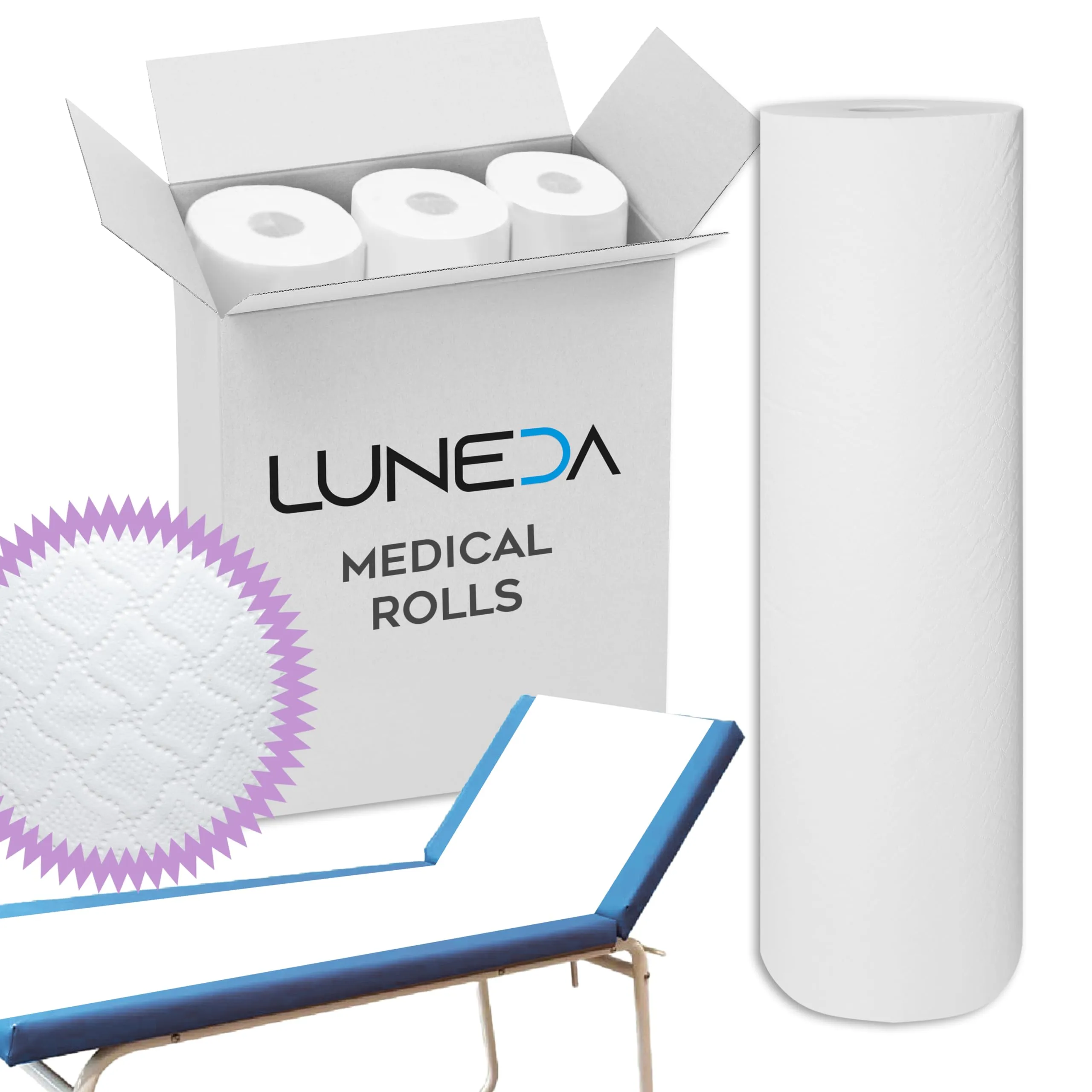 LUNEDA 3 Lenzuolini Medici, Rotolo per Lettini Medici, Estetista, Massaggio, Fisioterapista, Morbido, Professionale, Monouso, Made in Italy, in Carta Doppia Cellulosa, h 60 cm (Set 3 pz.)