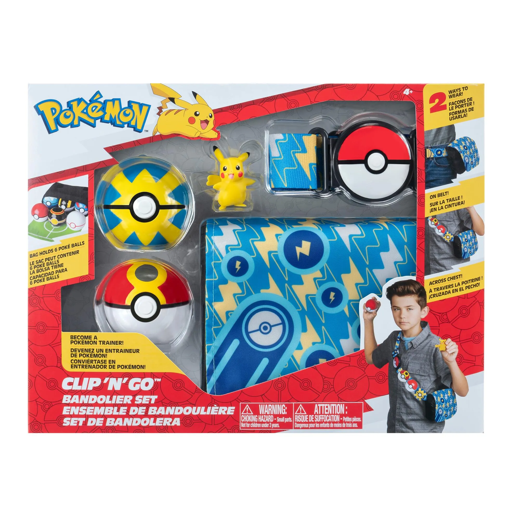 Pokémon- Clip 'N' Go Bandolier Set-Include 2 Pollici Pikachu Battle Figure con Quick Repeat Ball Accessori, PKW3156