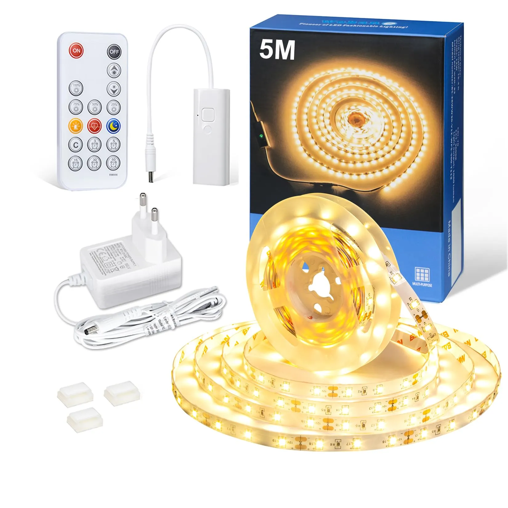 WOBANE Striscia Led 5 Metri Bianco, Led Striscia Dimmerabile con Telecomando RF, 12V Strisce Led Adesive con Spina e interruttore per Decorazioni Interne,Soggiorno,Cucina,300 LEDs