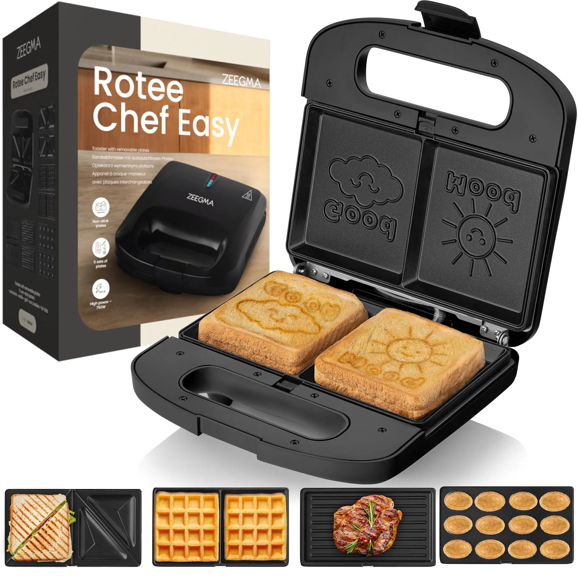 ZEEGMA ROTEE CHEF EASY Tostiera Multifunzione 750 W 5 in 1, per Toast Pane Waffles Panini Biscotti Griglia, Tostapane, Piastre antiaderenti Protezione dal Surriscaldamento