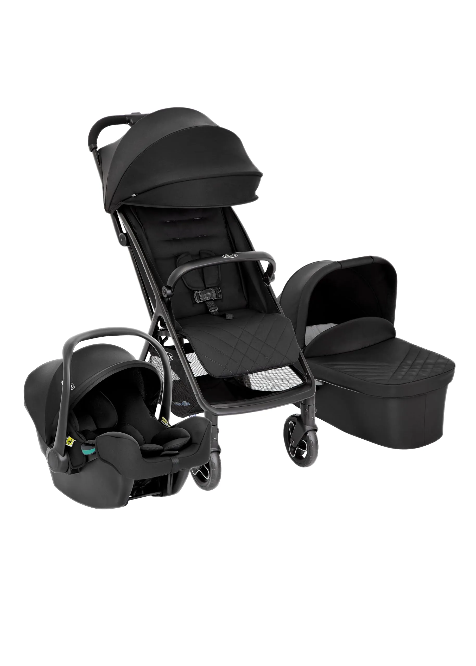 Graco - MYAVO™ TRIO - Passeggino leggero con chiusura veloce (0-22 kg), seggiolino auto per neonati (da 40 a 75 cm), navicella (mx. 9 kg); colore Midnight