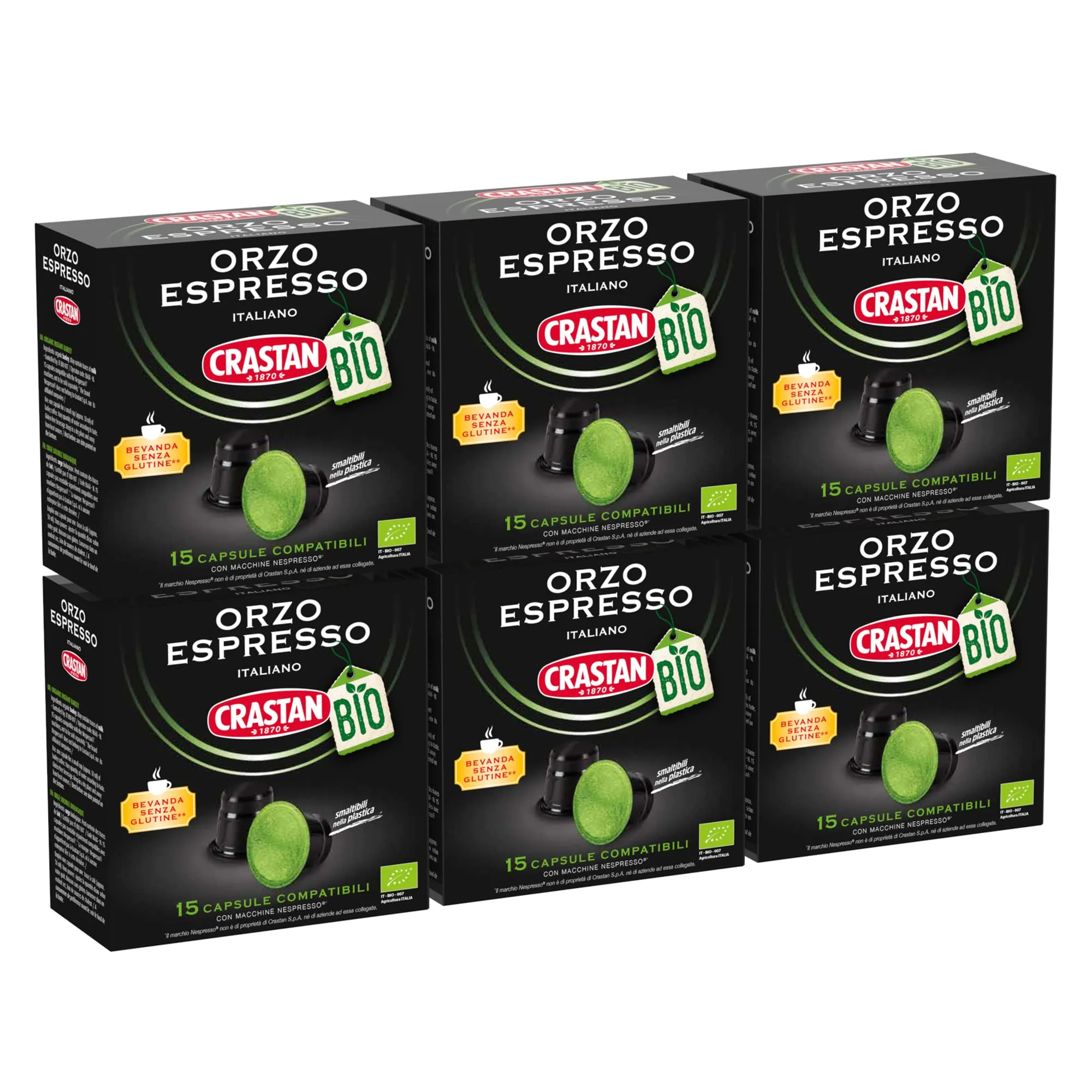 CRASTAN 1870 - Capsule compatibili Nespresso - Orzo Biologico - 6 Box da 15 Capsule - Totale 90 Capsule - Naturalmente Privo di Caffeina - 100% Made in Italy