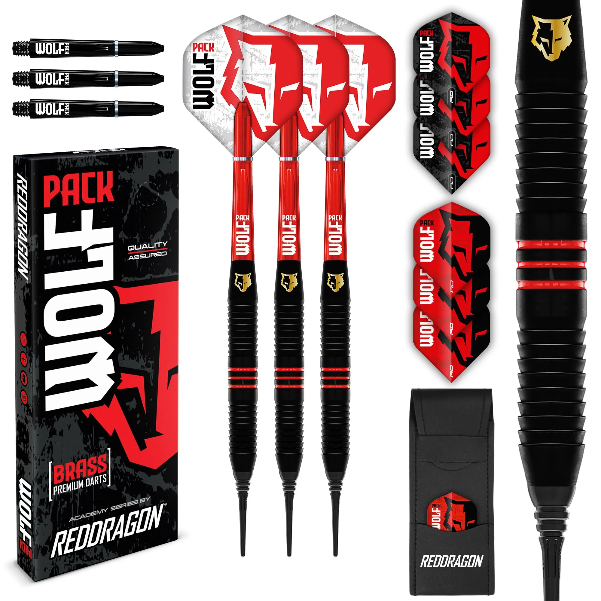 RED DRAGON Wolf Pack - Frecce in ottone con punta in plastica, 18 g, peso totale 20 g, con alette e freccette (steli)