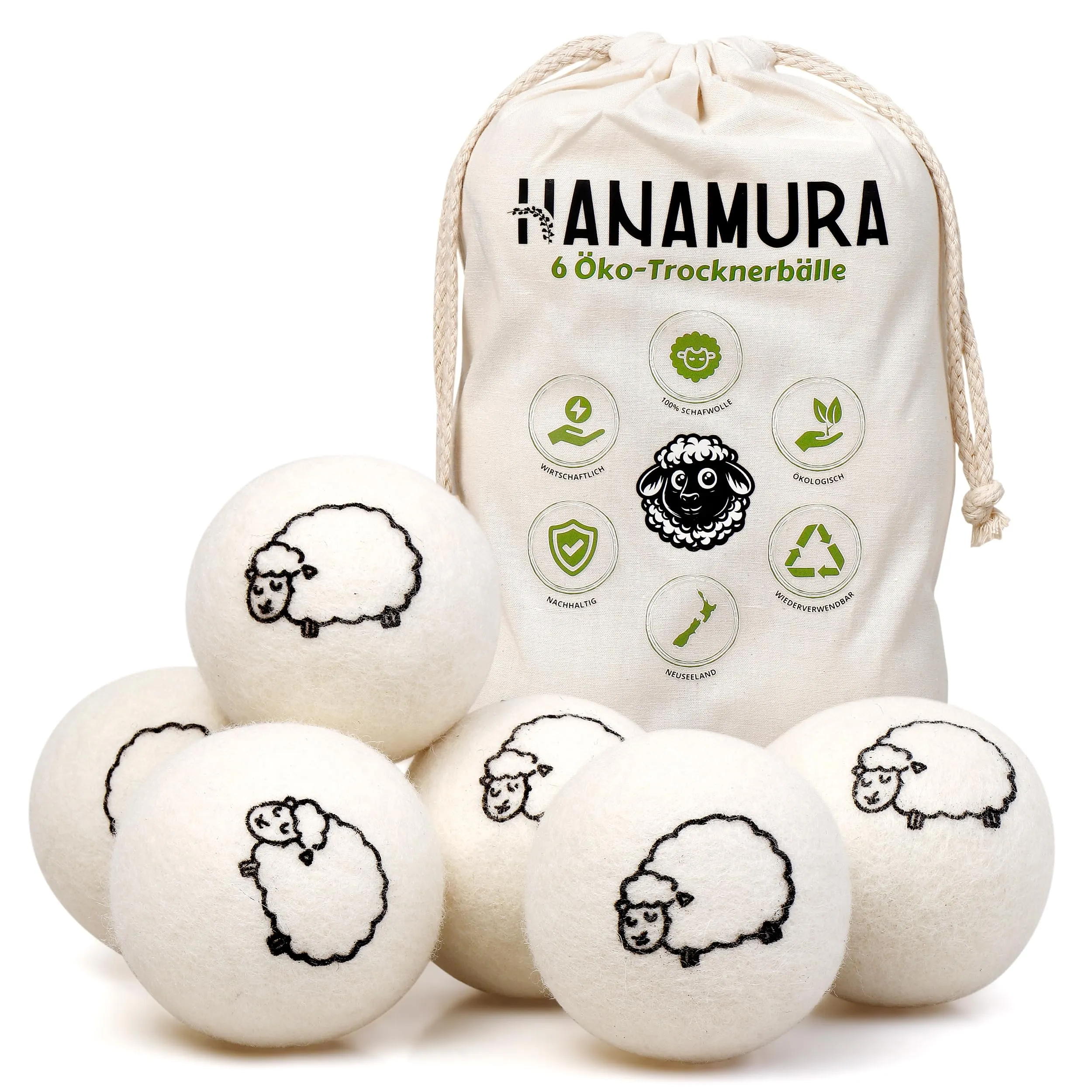 Hanamura Palline per Asciugatrice – Set da 6 Palline di Lana per Asciugatrice XXL 100% Lana Neozelandese – Palline Asciugatrice Antipiega con Sacchetto
