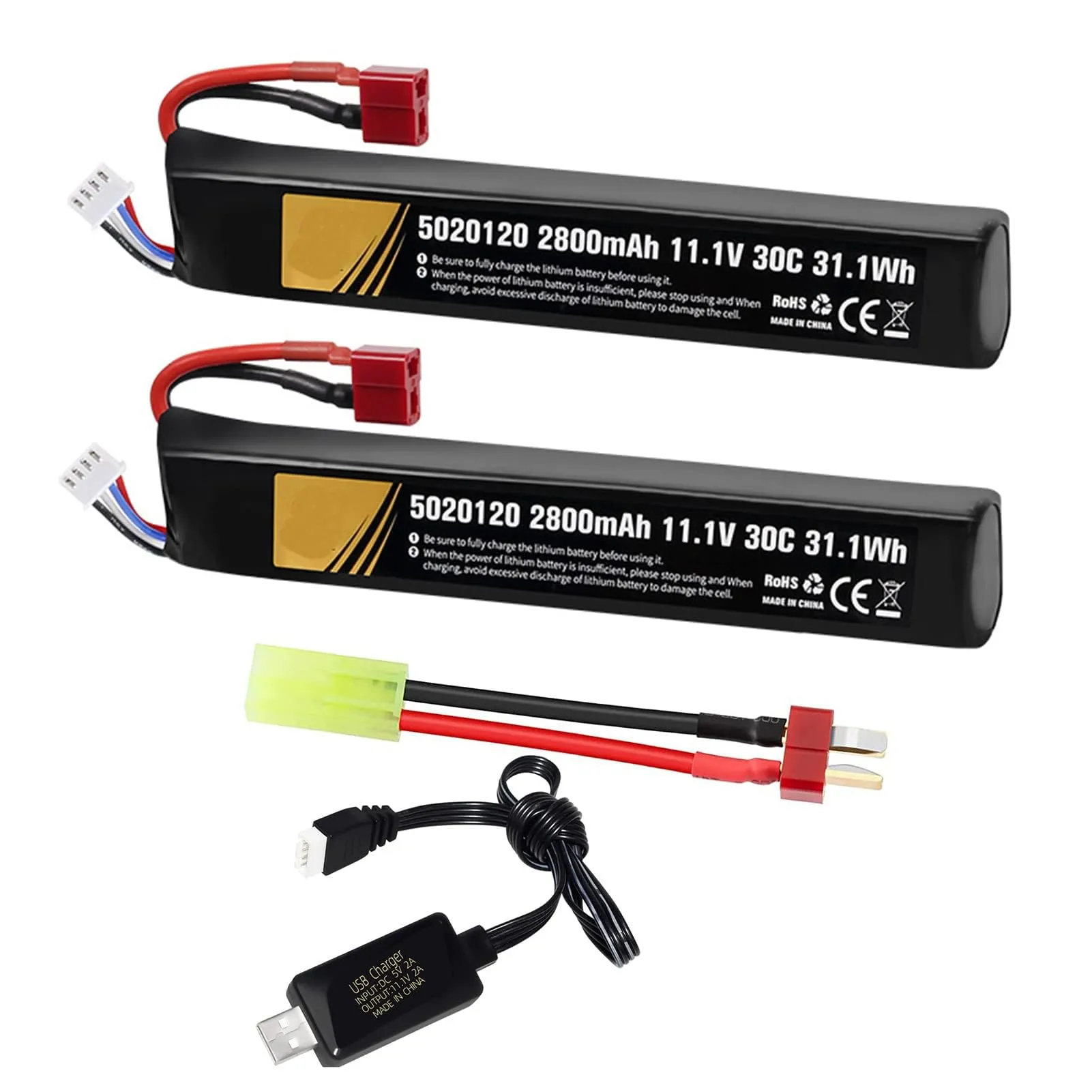 Batterie softair 11,1 V 30C 2800 mAh batteria lipo airsoft Deans T Plug con caricatore USB, per cavo Mini Tamiya batterie ricaricabili per pistola Airsoft modello splatrball accessori-2 pezzi