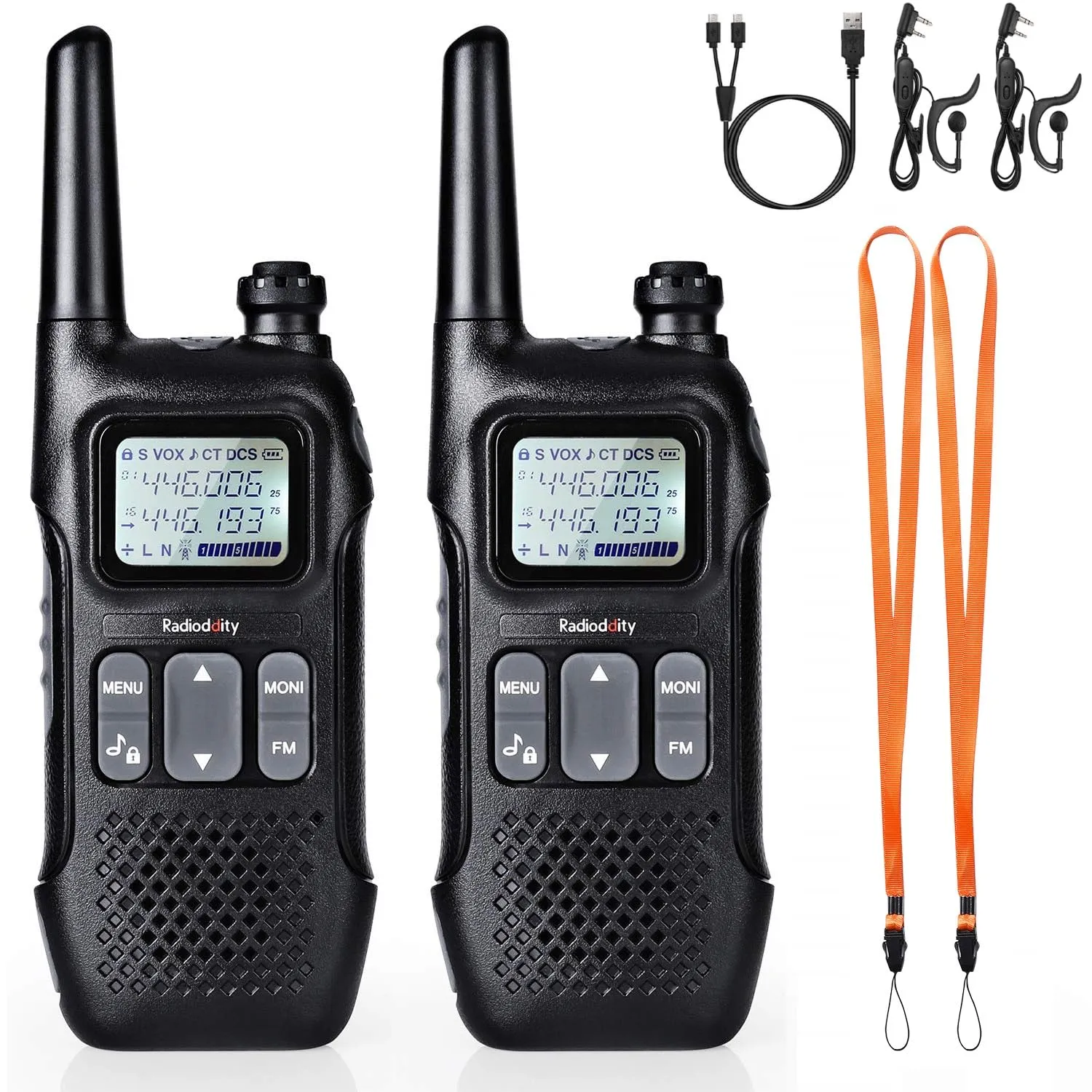 Radioddity PR-T1 PMR446 Walkie Talkie, Radio Bidirezionale a lungo raggio con Display LCD, Batteria Ricaricabile, senza licenza 16 Canali, Auricolare per Avventure, All'aperto, Campeggio, 2 Pezzi