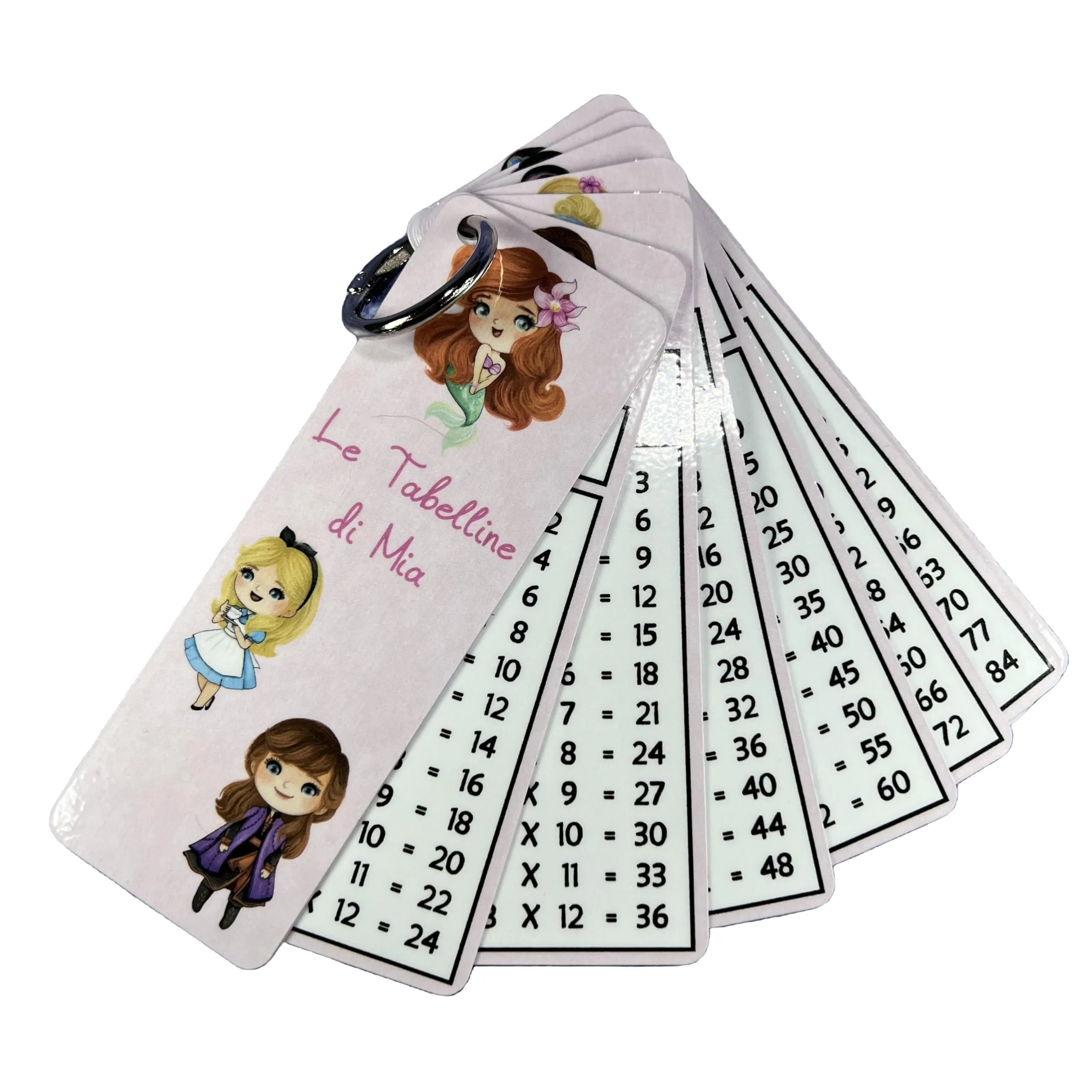 Tabelline da 1 a 12 moltiplicazioni personalizzate con nome bambino e personaggio preferito, plastificate con anello metallico principesse maghi fumetti