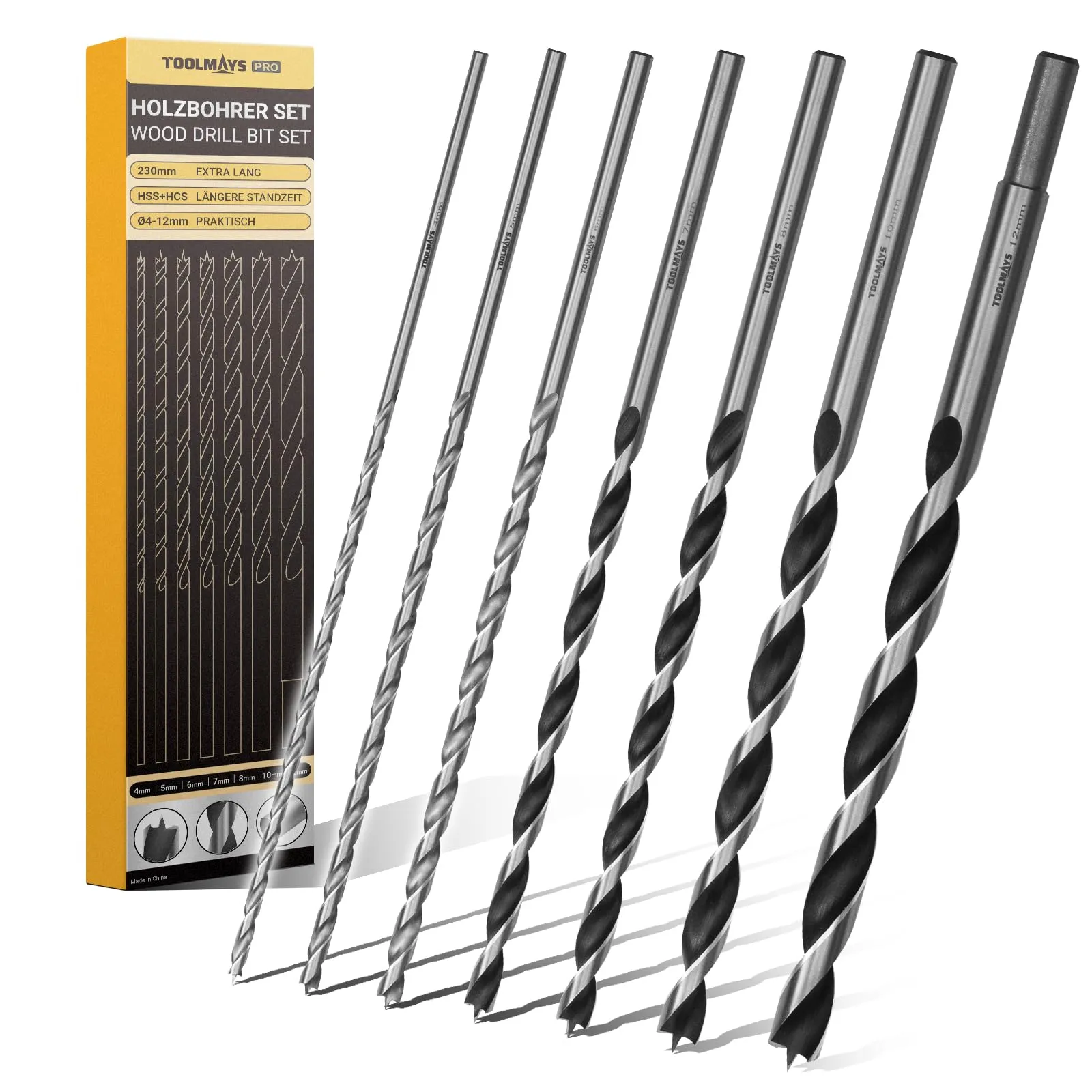 TOOLMAYS Set Punte per Legno Lunghe 7 Pezzi, HSS-G Punta Trapano Legno Lunga, Diametro 4 mm, 5 mm, 6 mm, 7 mm, 8 mm, 10 mm, 12 mm x 230 mm Lunga
