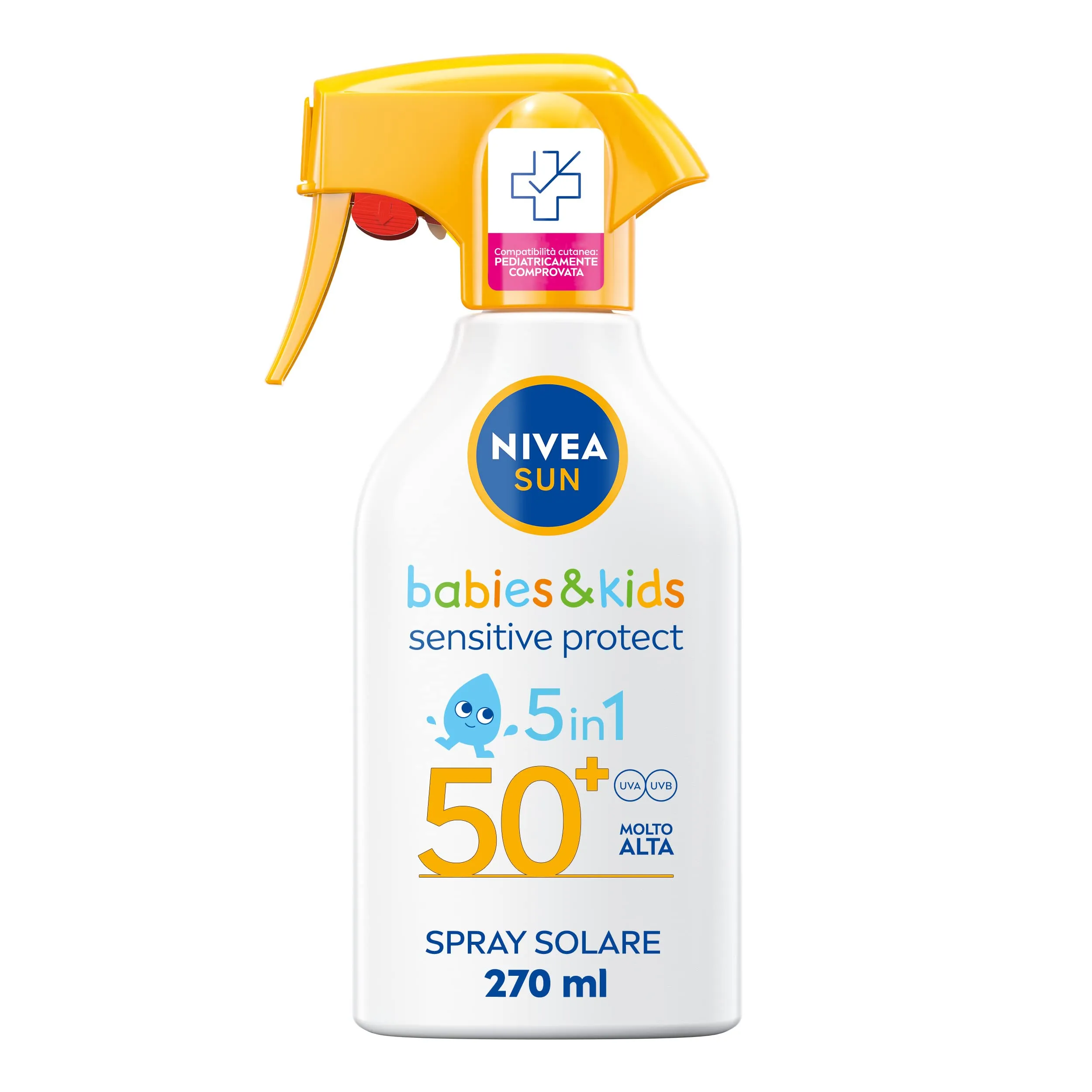 NIVEA SUN Maxi Crema Solare Spray Kids Sensitive Protect & Play FP 50+ 270 ml, Crema solare bambini e neonati dai 6 mesi in su, Crema solare 50+ in pratico flacone in spray