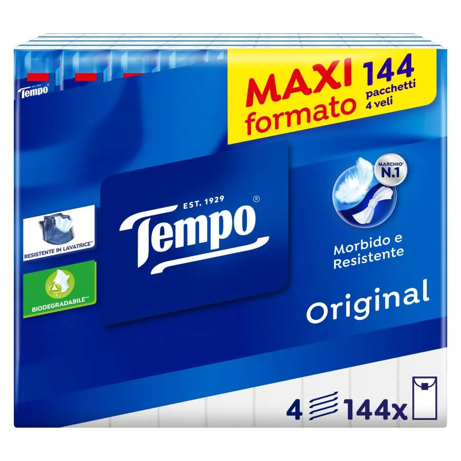 Tempo Fazzoletti Tascabili, 4 Veli, 144 Pacchetti da 9 Fazzoletti