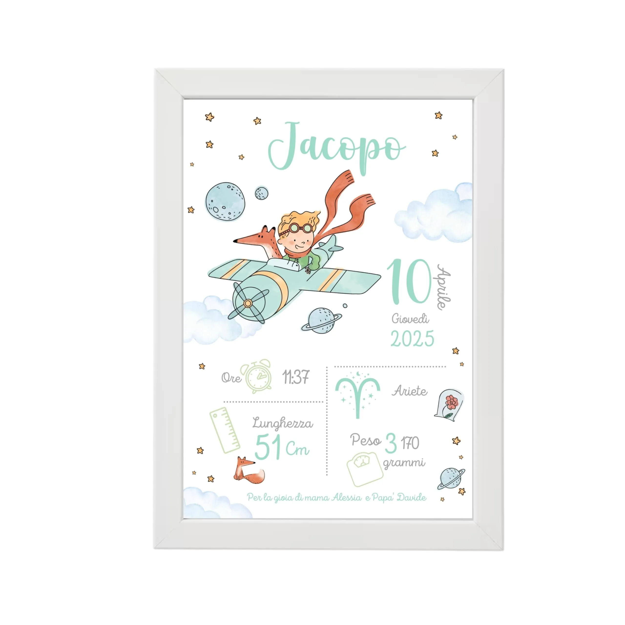 Quadro Nascita Personalizzato Piccolo Principe – Stampa con Nome, Data, Peso e Ora – Regalo Neonato, Battesimo o Baby Shower – Decorazione Cameretta Bimbo, quadretto con cornice, dimensioni 21x30