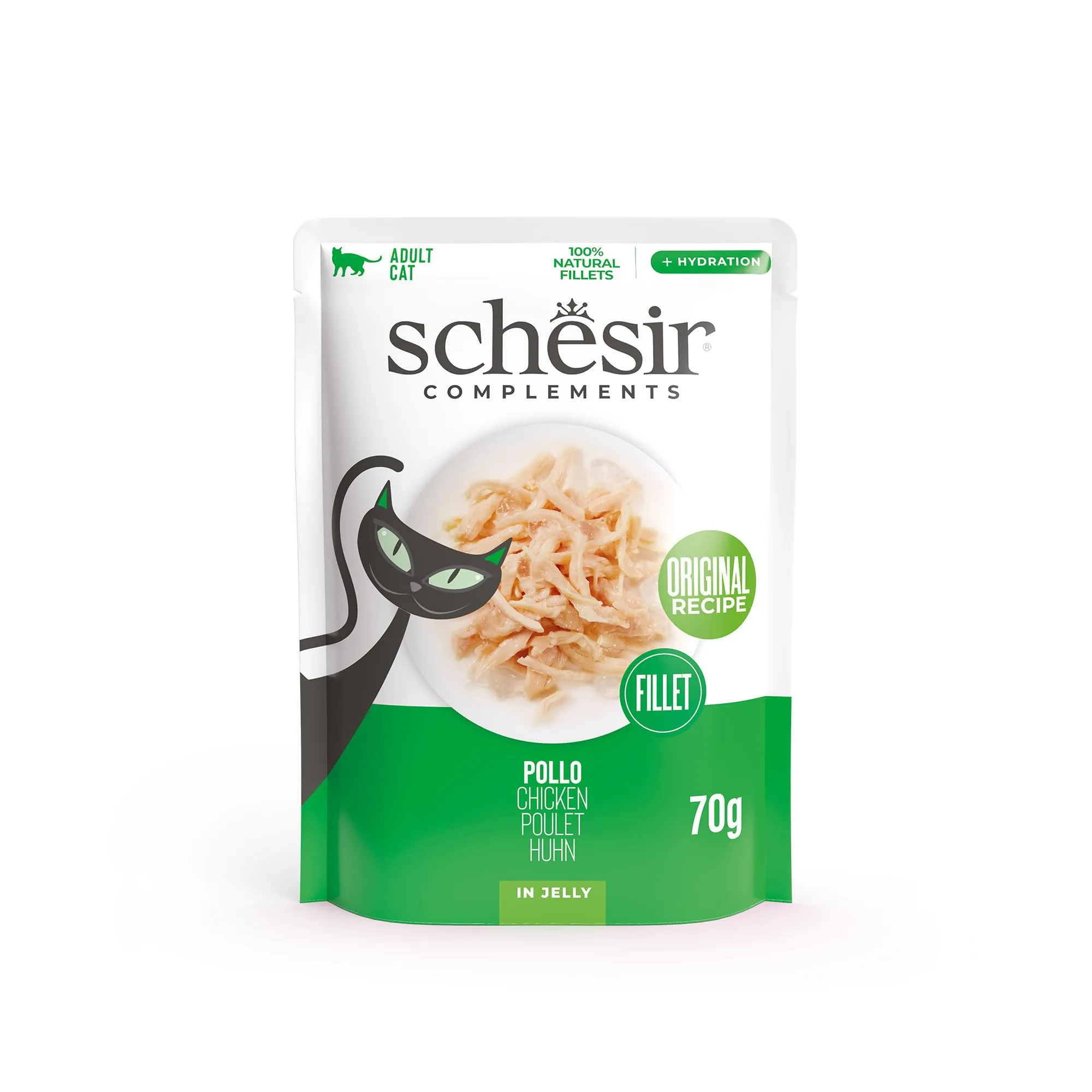 Schesir, Filetti di Pollo in Gelatina, Cibo Umido Complementare per Gatti, Ricetta Originale, 100% Naturale, 12 buste da 70g