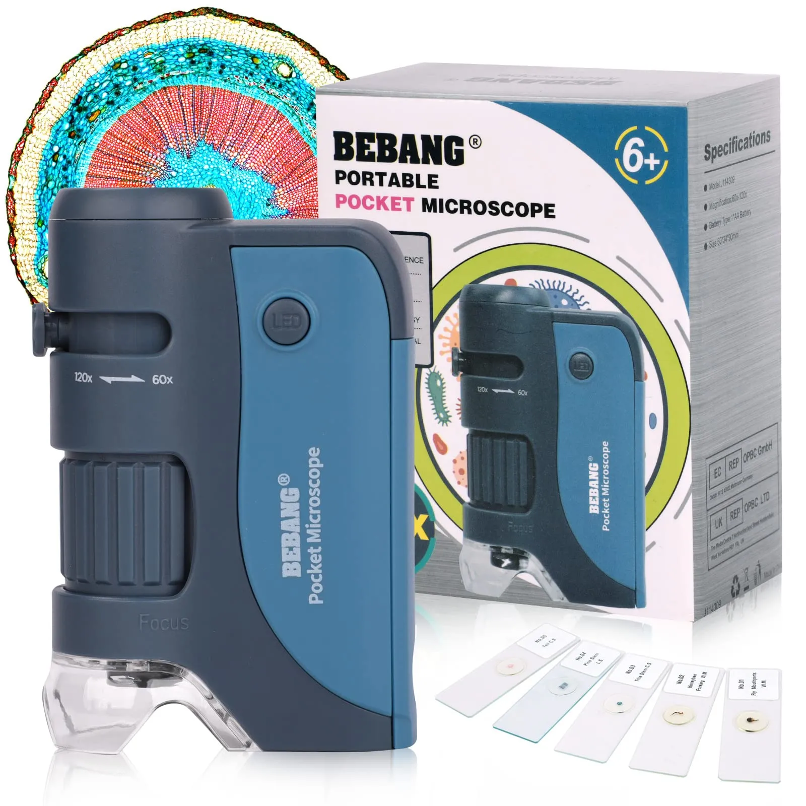 BEBANG Microscopio tascabile, 60X-120X, mini microscopio portatile per bambini, con zoom illuminato a LED, kit di 5 vetrini per adulti, osservazione microbiologica, prescolare, casa, studio, idea