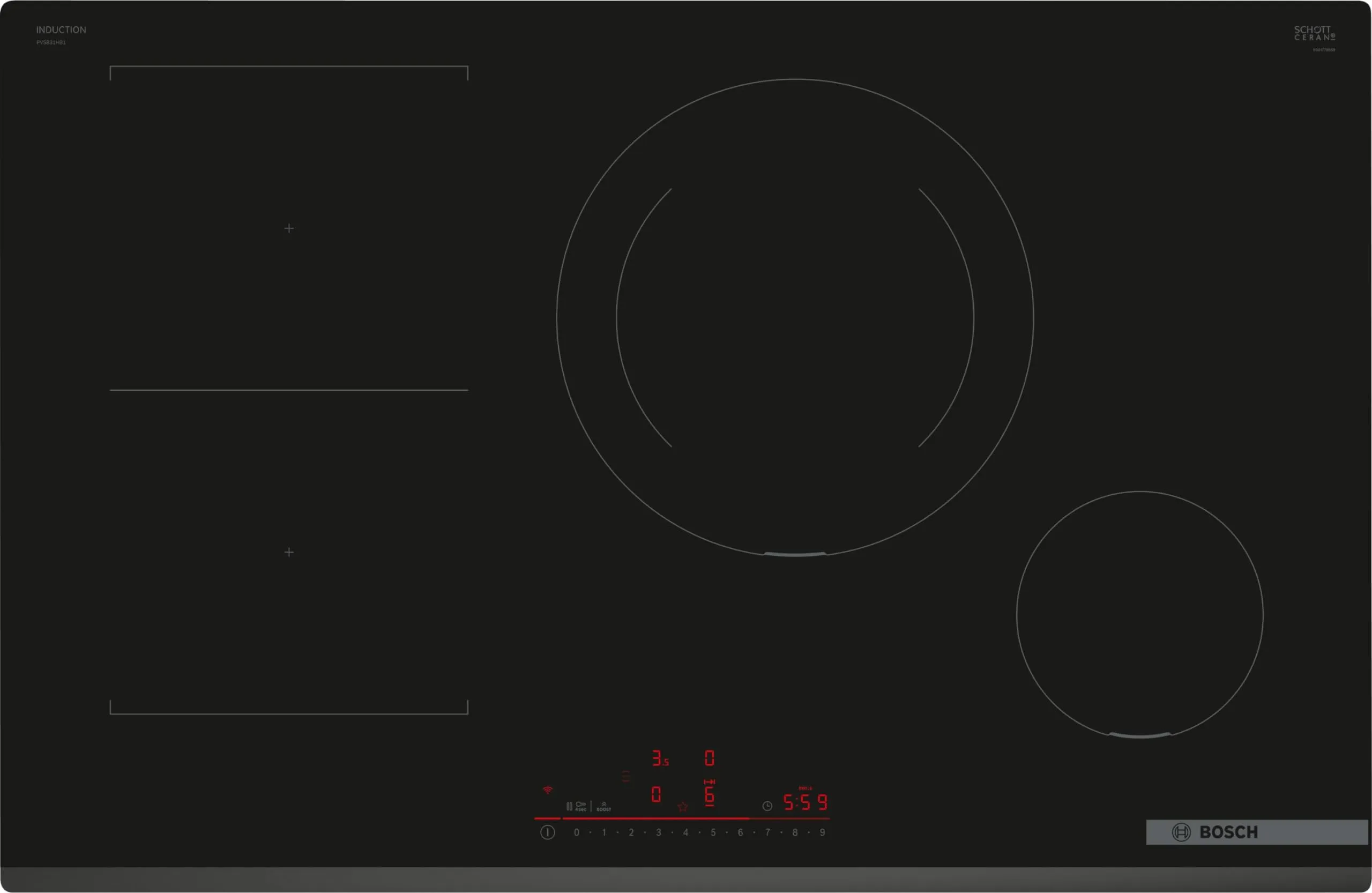 Bosch PVS831HB1E Serie 6, Piano cottura a induzione, CombiZone combina due zone cottura, DirectSelect, Home connect, frontale smussato, Nero, 80 cm