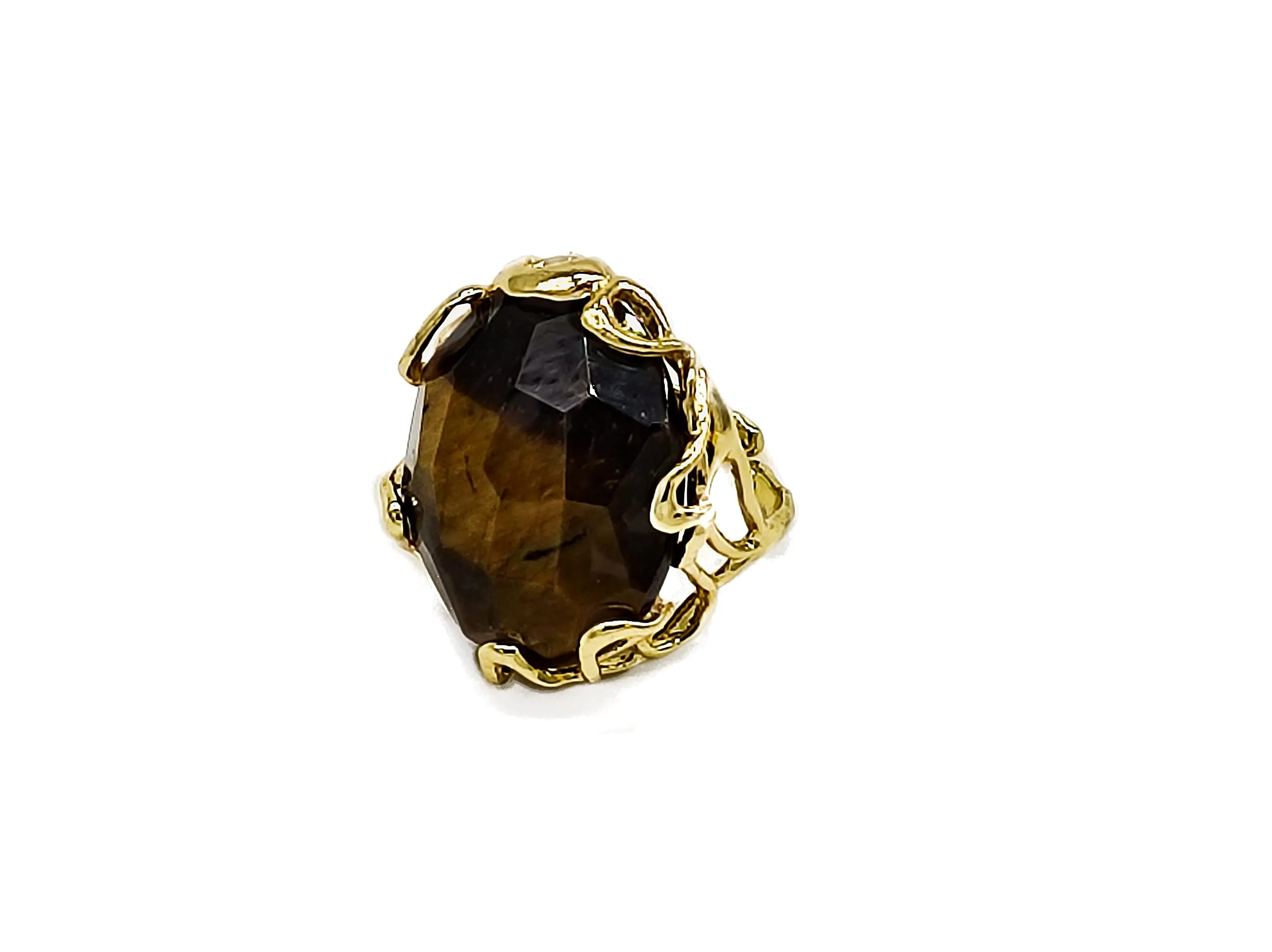 Anello regolabile con cabochon di Occhio di tigre in bronzo, fatto a mano, pietre dure naturali