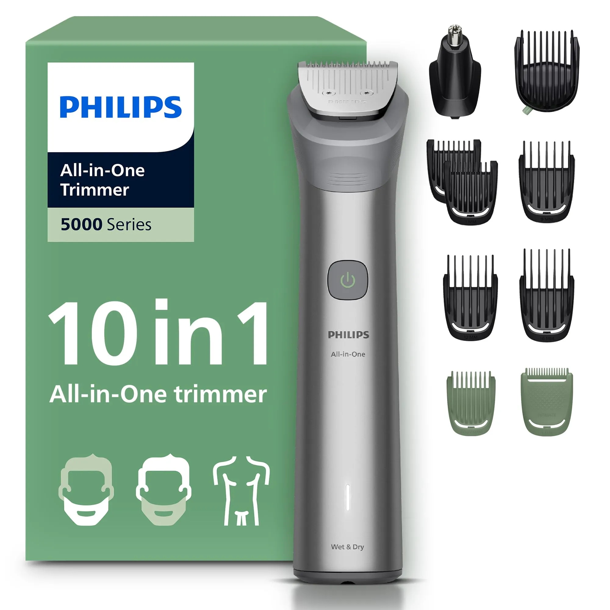 Philips Rifinitore All-in-one Multigroom Serie 5000 10 in 1 - Rifinitore per barba, capelli e corpo, lame autoaffilanti interamente in metallo, 11 impostazioni di lunghezza (0,5-16 mm), MG5918/15