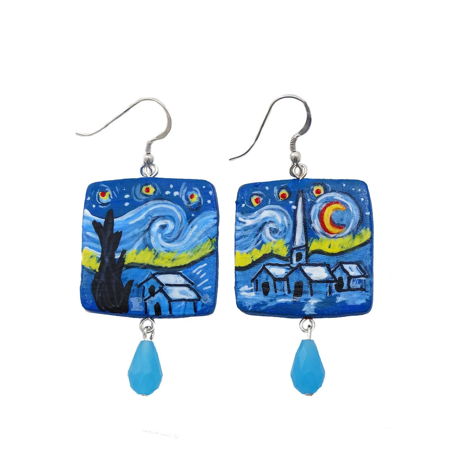 Orecchini in ceramica dipinti a mano – LA NOTTE STELLATA DI VAN GOGH - Orecchini pendenti da donna, Gioielli in ceramica dipinta, Gancio in argento, Made in Italy, Bijoux, Lavorazione Artigianale