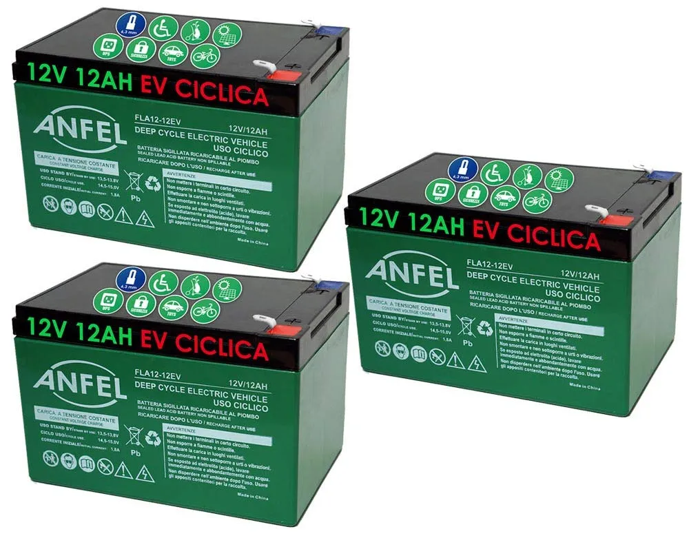 ANFEL Kit 3 BATTERIE al Piombo Ricaricabile 12V 36V 12AH CICLICA Uso CICLICO Bici Biciclette ELETTRICHE MONOPATTINI Quad ELETTRICI ELETTRICA CONNETTORI Forcella F2 Deep Cycle 6-DZM-12 6DZM12